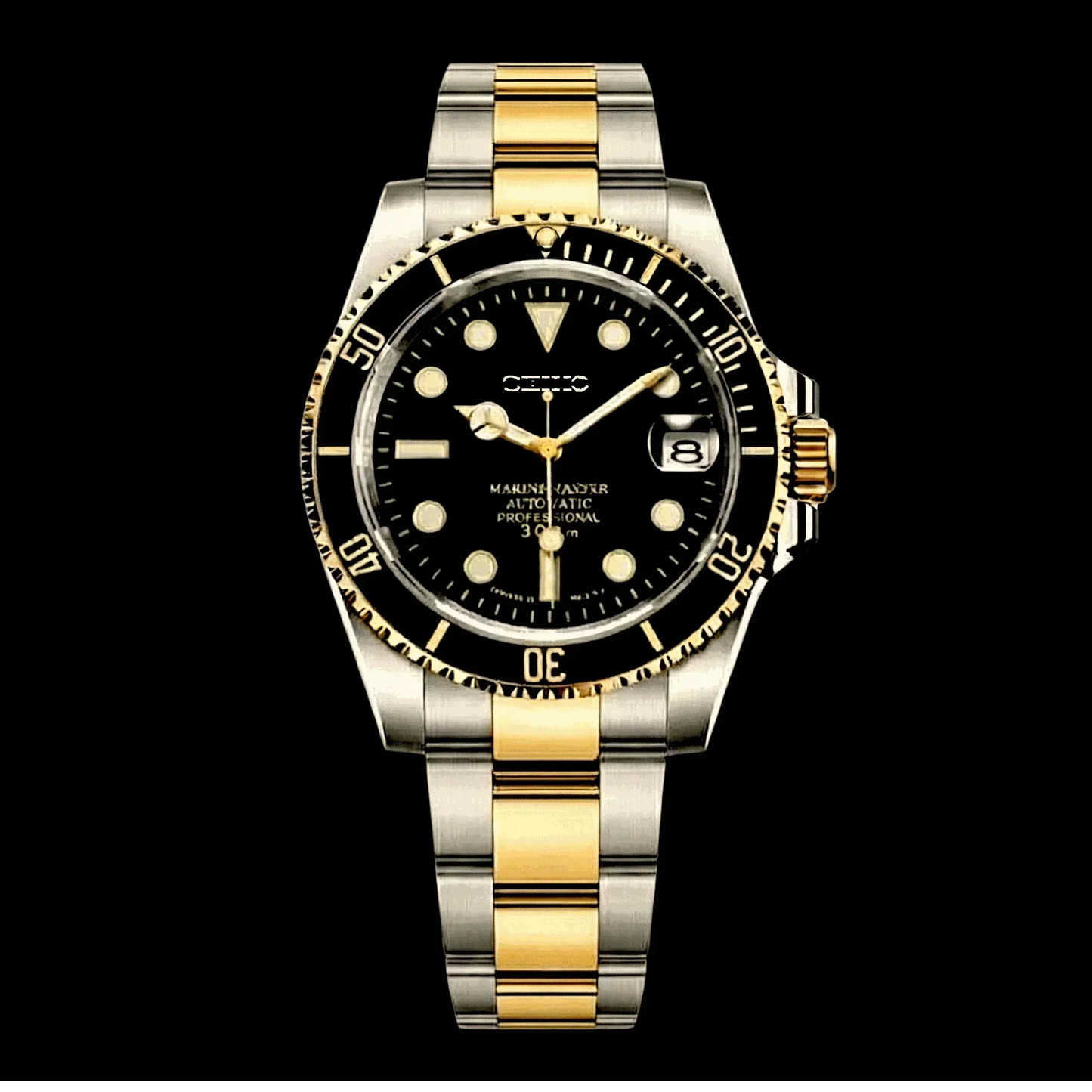 SeikMariner Black Gold two-tone 40mm Seiko Mod diver watch with NH35 automatic movement and sapphire crystal