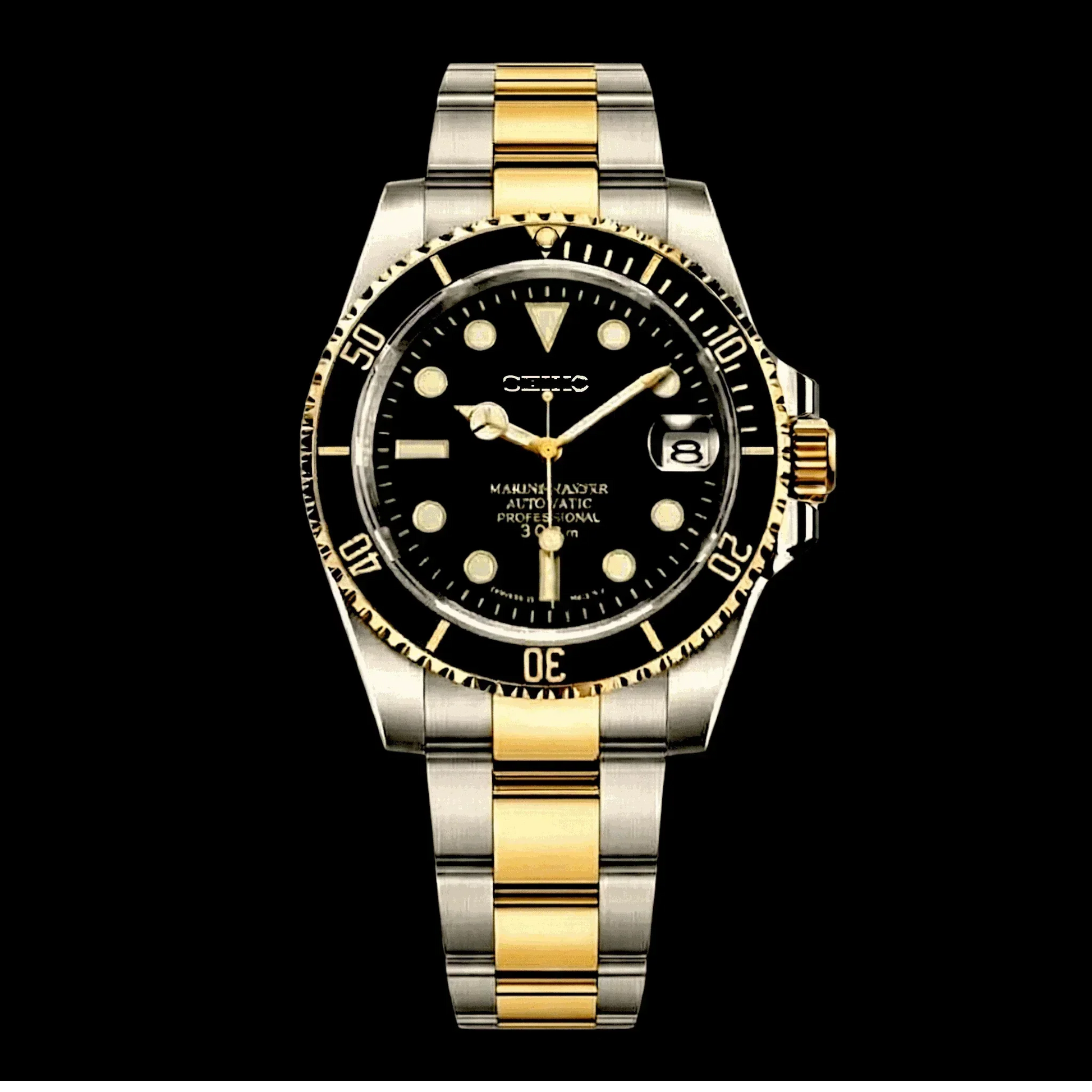 SeikMariner Black Gold two-tone 40mm Seiko Mod diver watch with NH35 automatic movement and sapphire crystal