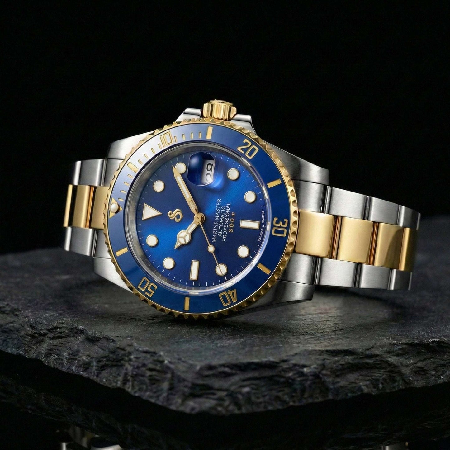 Seikmariner Two-Tone Blue Gold Smurf Seiko Mod luxury diver watch with NH35 automatic movement and sapphire crystal display
