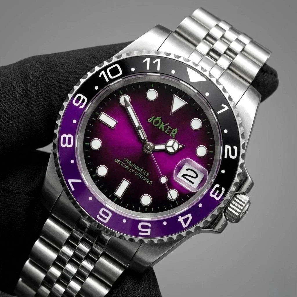 Seiko Mod Submariner purple and black Joker-themed diver watch with sapphire crystal and NH35 automatic movement at modtime creations
