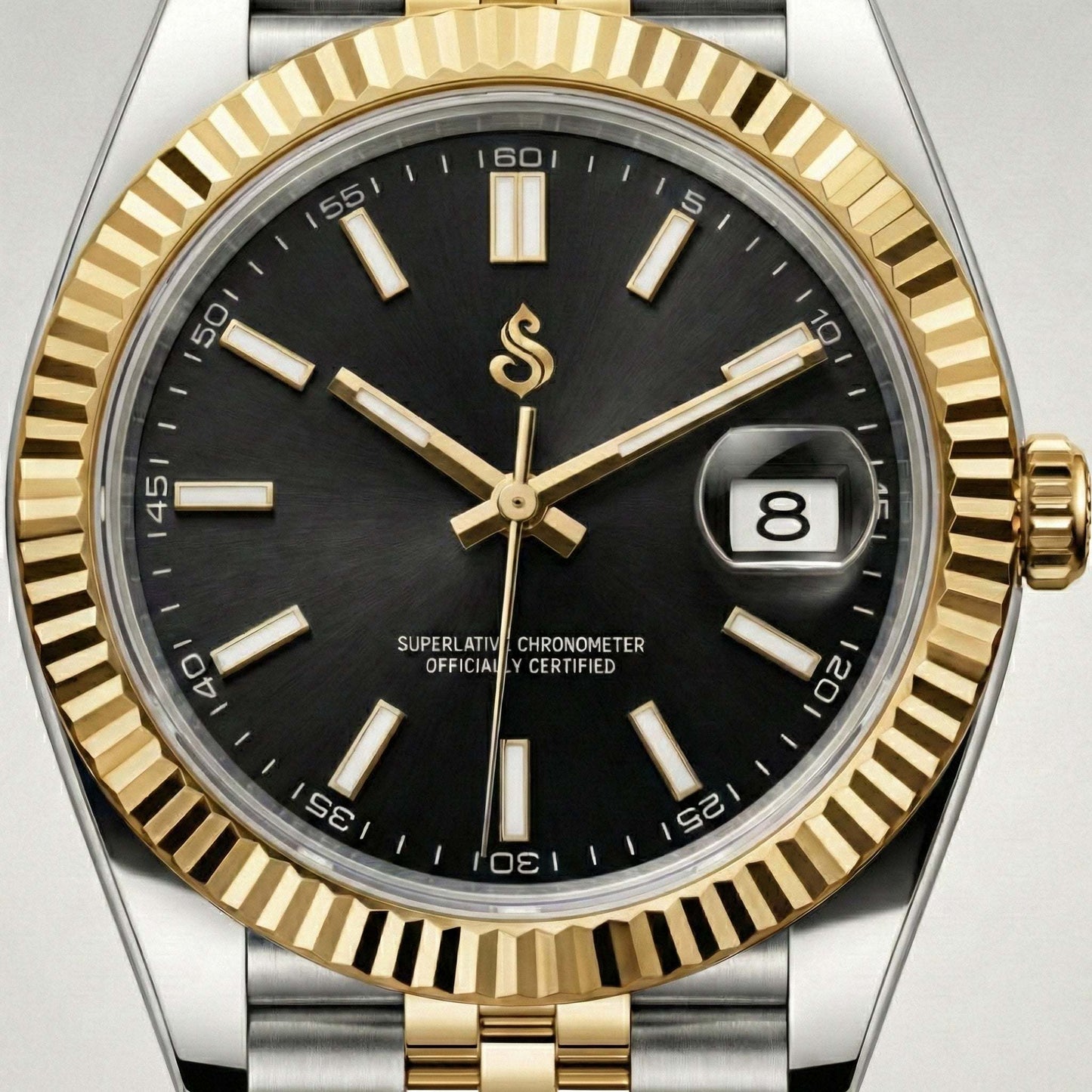 SeikJust Date Window Seiko Mod watch with two-tone black dial and gold fluted bezel by Modtime Creations