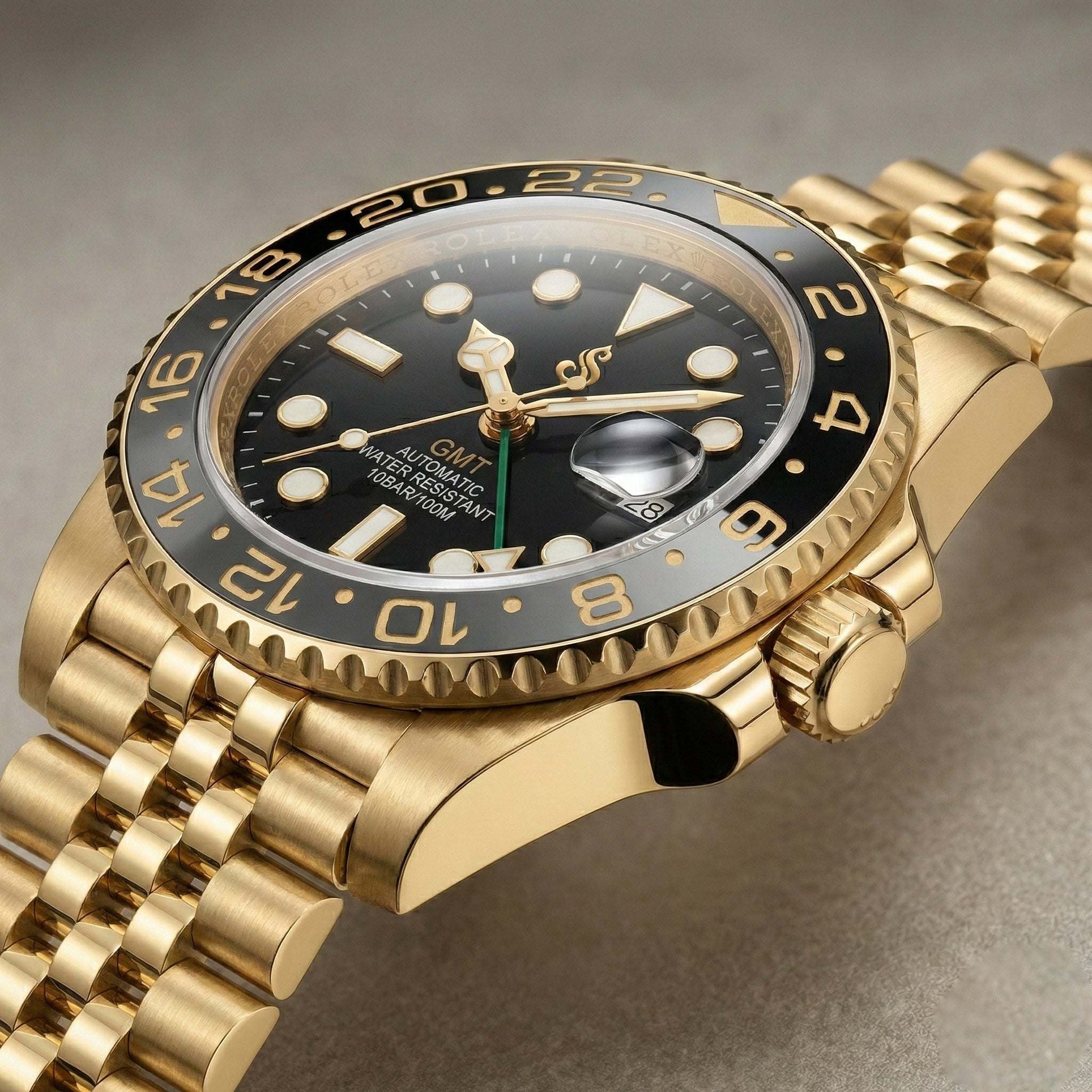 SeikMariner GMT gold and black Seiko Mod watch with ceramic bezel and sapphire crystal