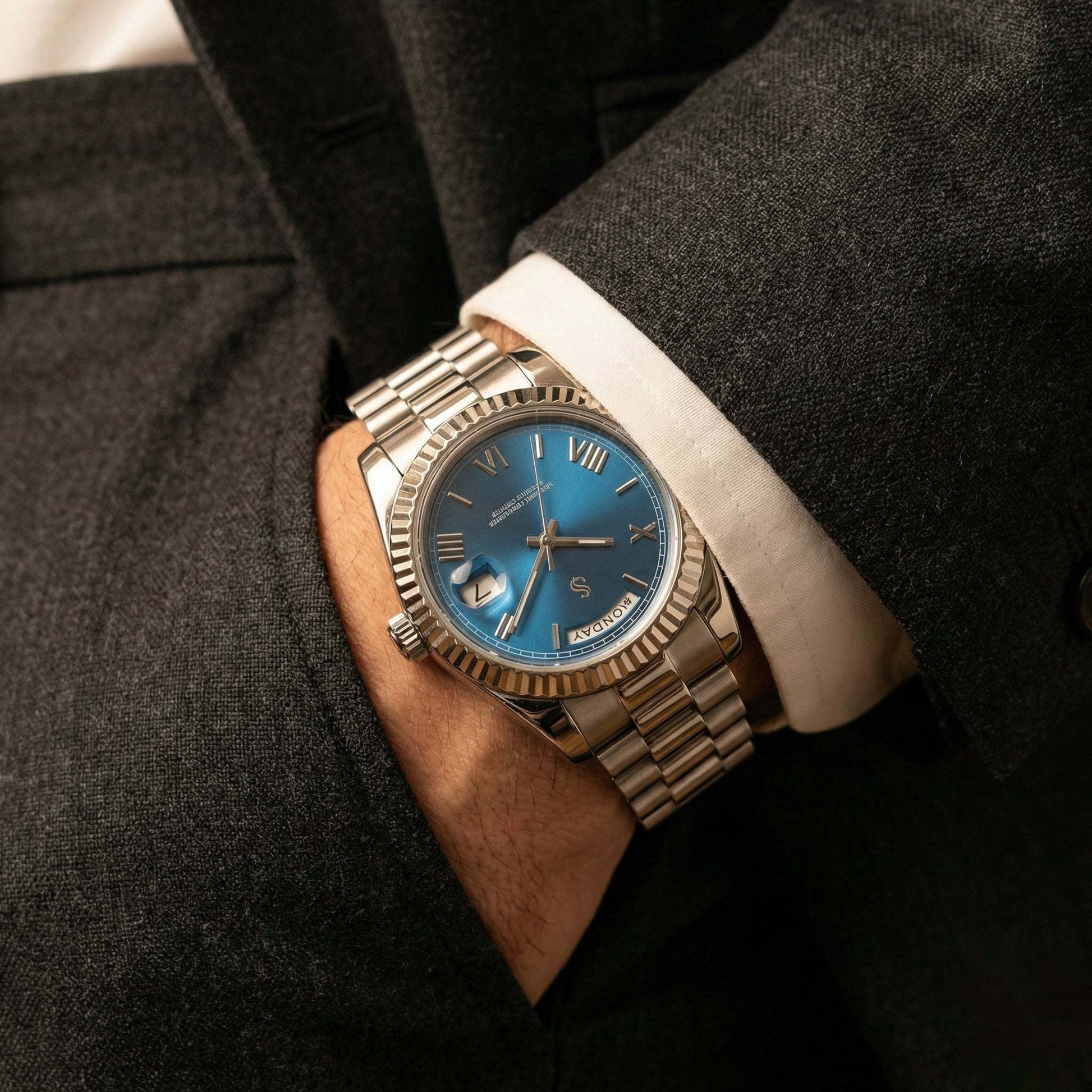 Modded Seiko Day & Date watch with royal blue dial from Modtime Creations