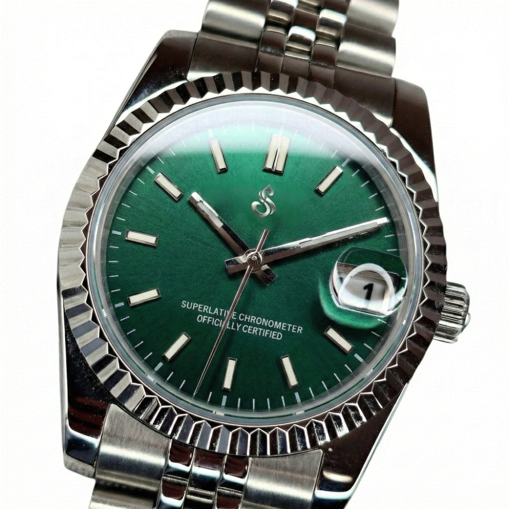 Seiko mod watch with emerald green dial, date window, NH35 automatic movement, and stainless steel case by Modtime Creations
