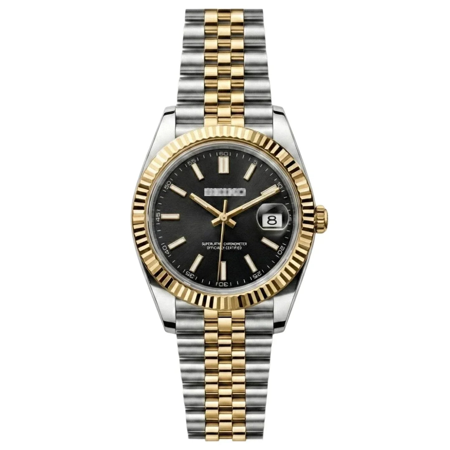 Seiko Mod watch with two-tone black dial and gold fluted bezel by Modtime Creations