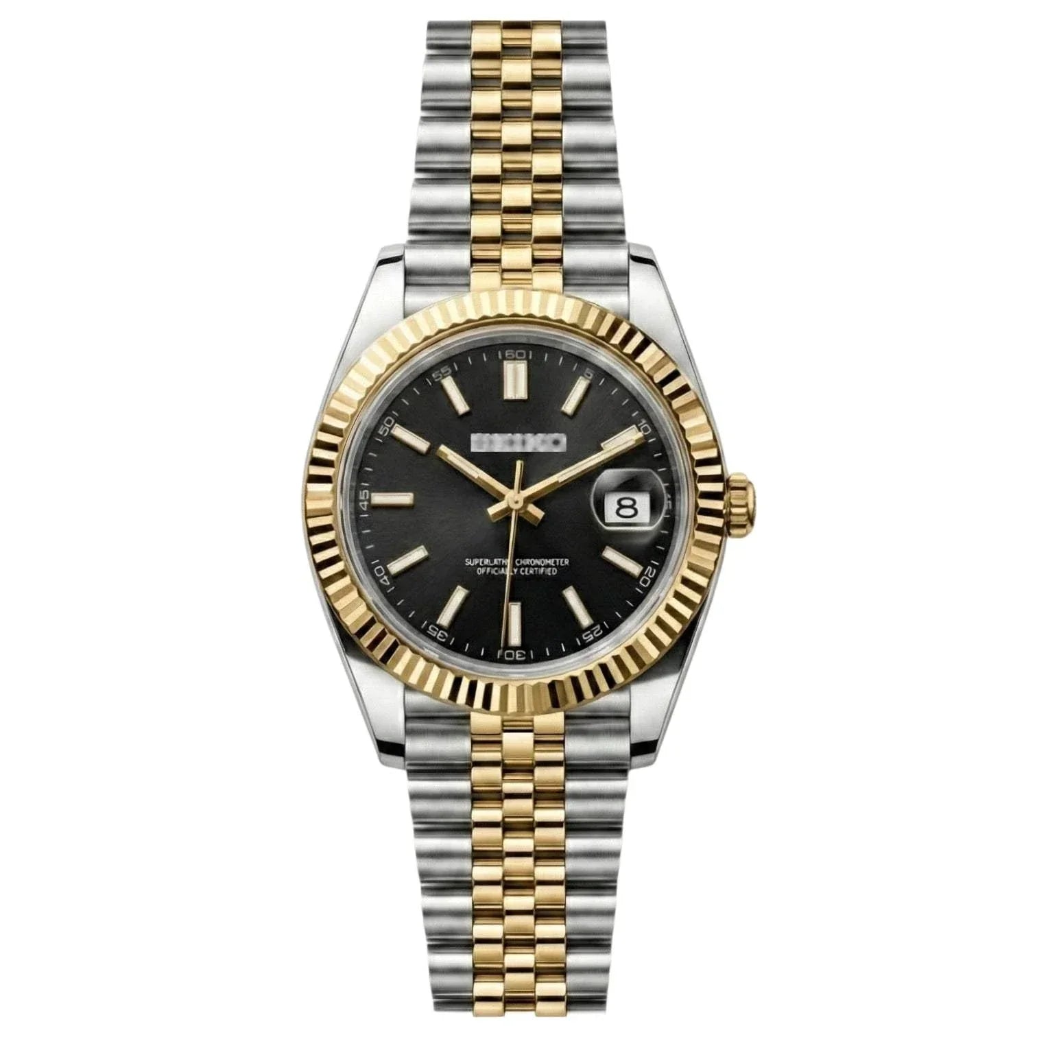 Seiko Mod watch with two-tone black dial and gold fluted bezel by Modtime Creations