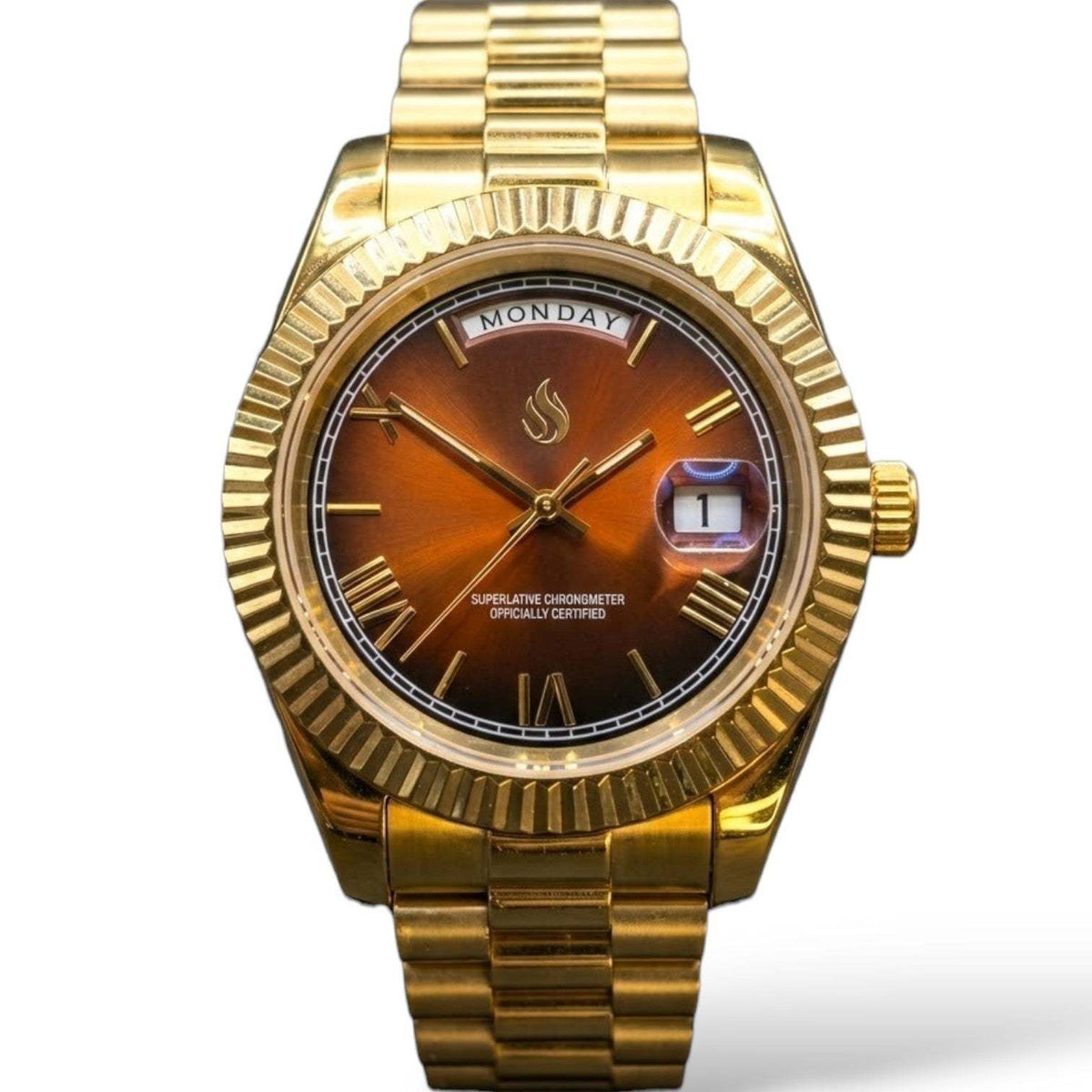 Reloj Modificado con Esfera de Números Romanos de Chocolate Dorado Día y Fecha - Modtime Creations