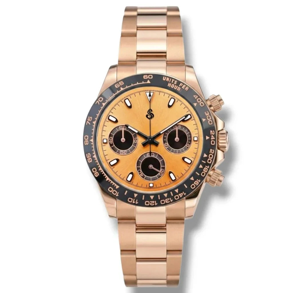 Seitona rose gold and black dial Seiko mod chronograph with ceramic bezel and stainless steel bracelet