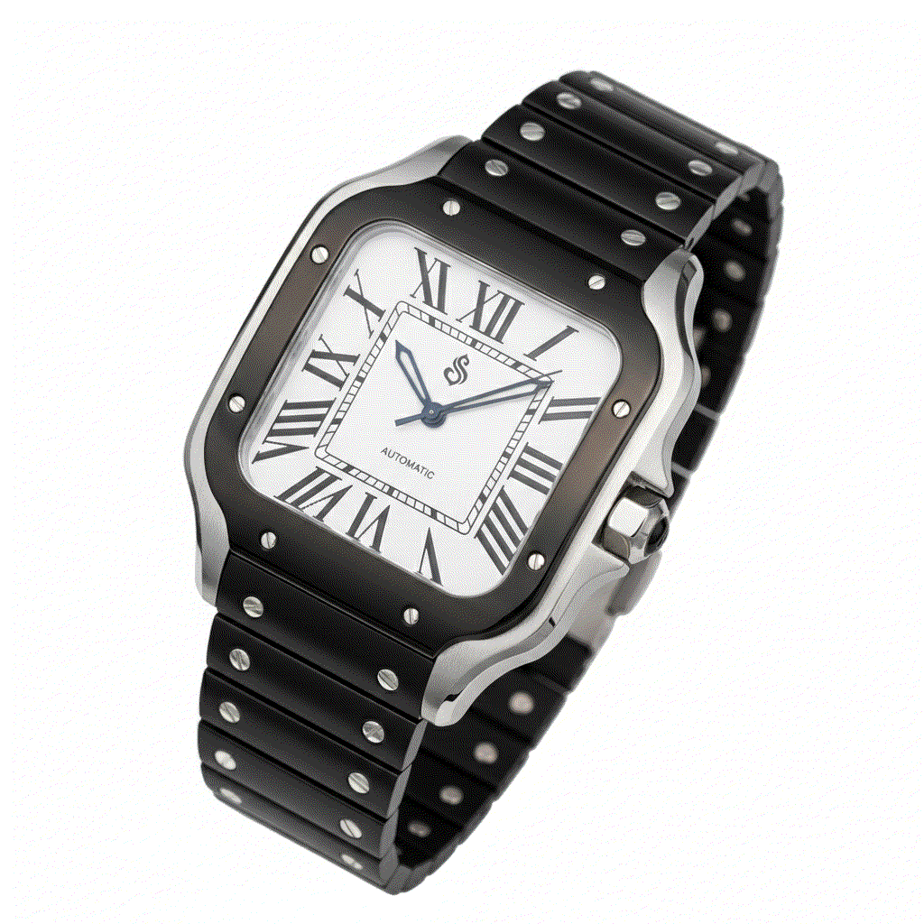 Santeiko Seiko Mod two-tone silver watch with black dial and stainless steel bracelet by Modtime Creations