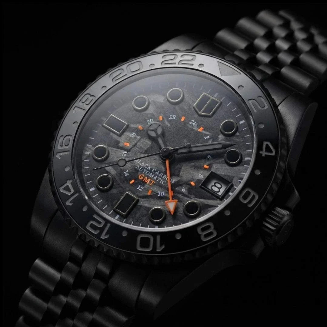 Seiko Mod Submariner GMT Carbon Fiber Stealth Black Orange watch built by Modtime Creations 