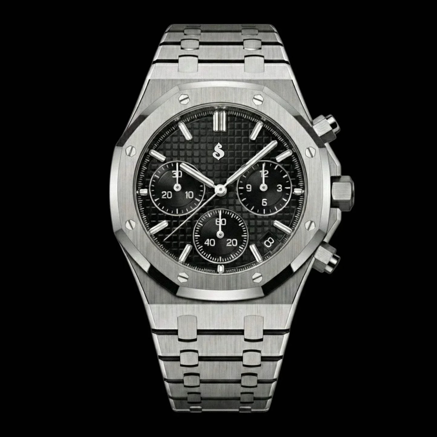 Modded Seiko Heritage Oak chronograph watch with black dial and stainless steel bracelet