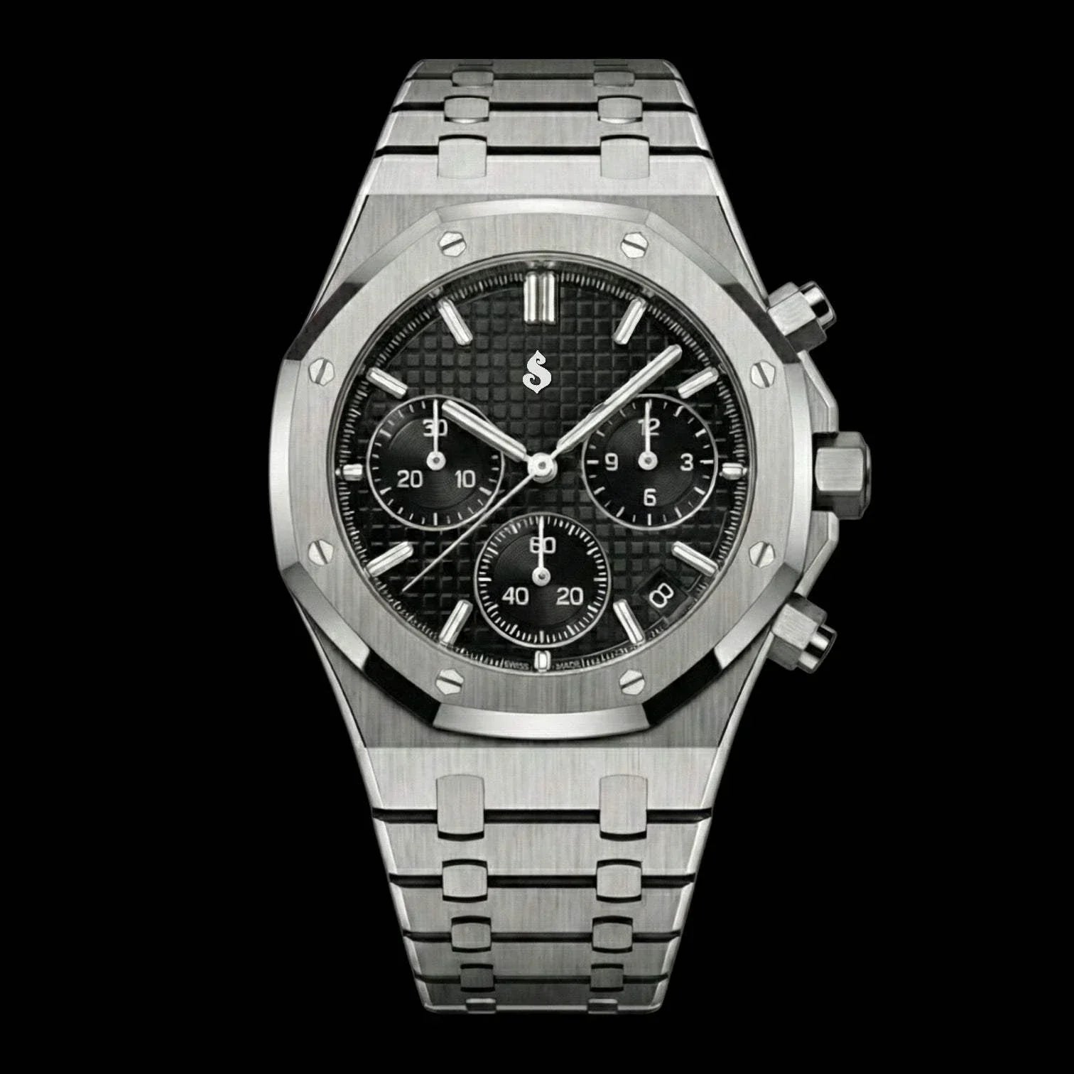 Modded Seiko Heritage Oak chronograph watch with black dial and stainless steel bracelet