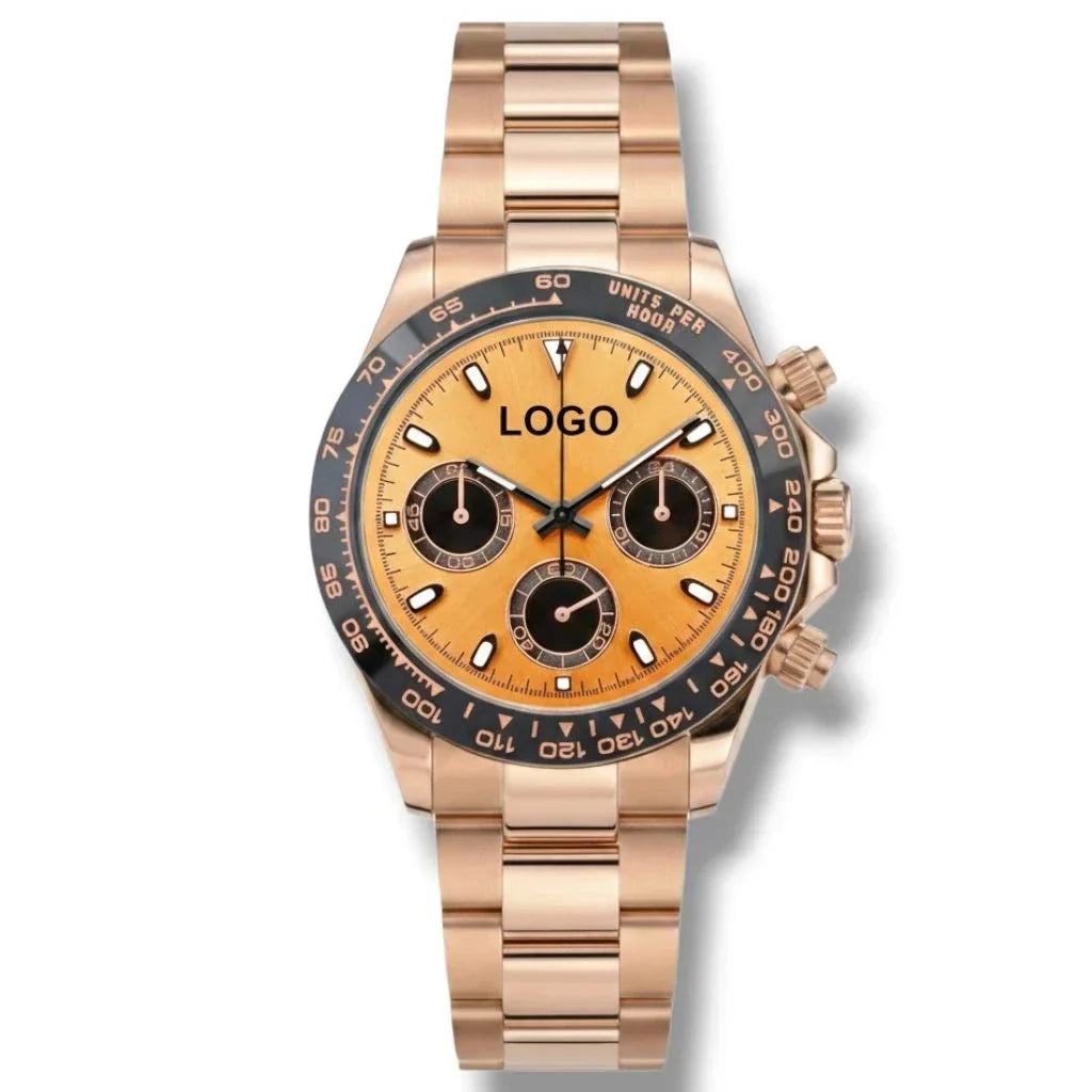 Seitona Rose Gold Seiko Mod luxury chronograph watch with black dial and ceramic bezel