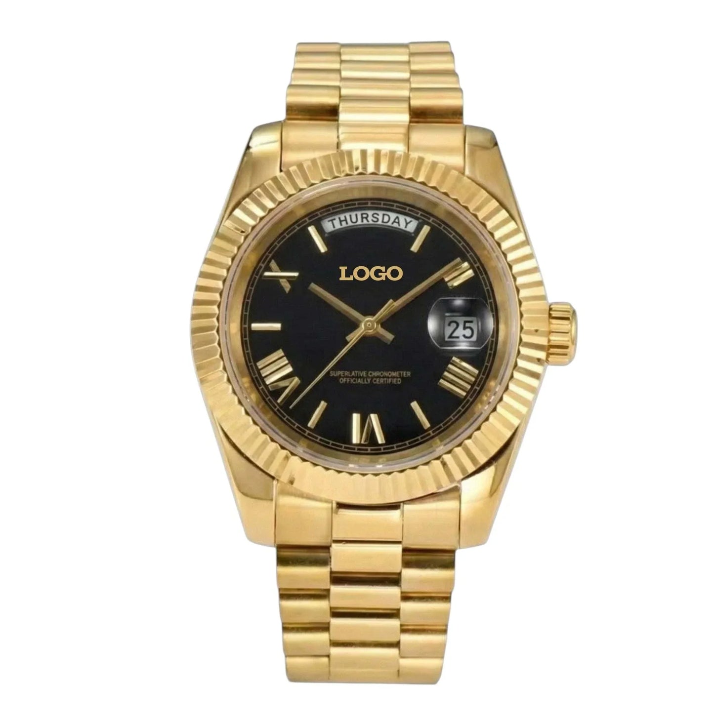 Modded Seiko watch with black gold dial and Roman numerals from Modtime Creations