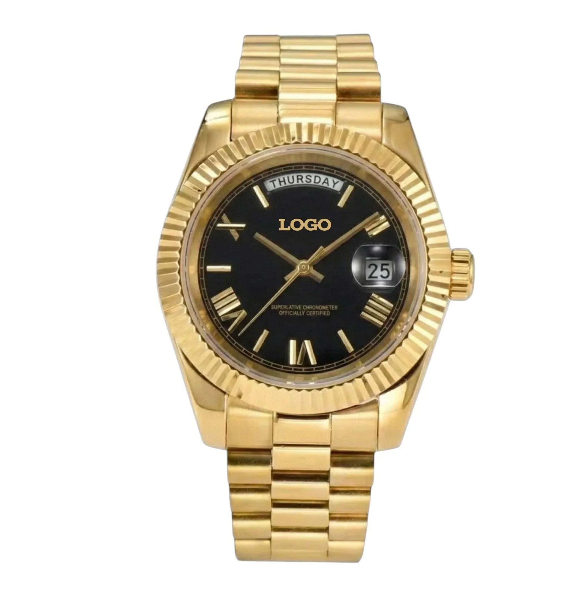 Modded Seiko watch with black gold dial and Roman numerals from Modtime Creations