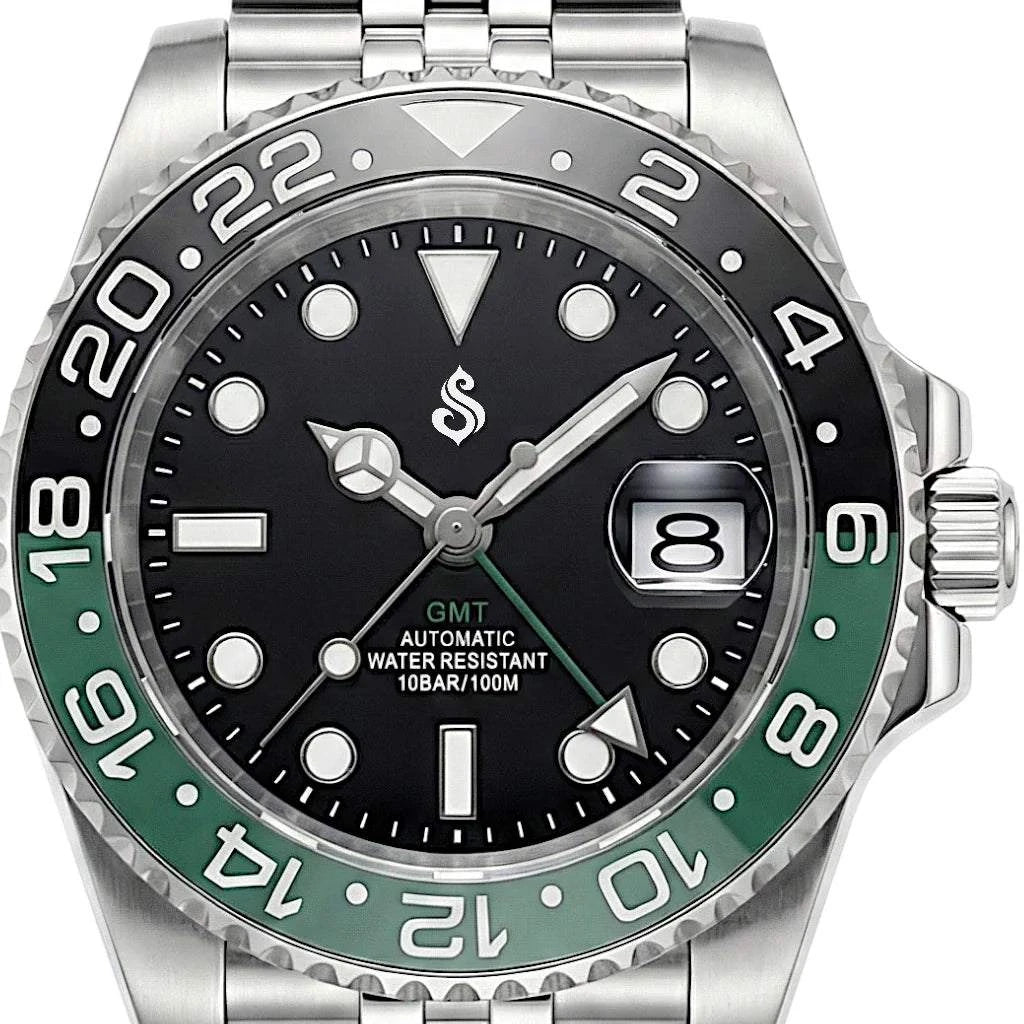 SeikMariner GMT watch with green ceramic bezel and black dial, luxury Seiko Mod timepiece by Modtime Creations