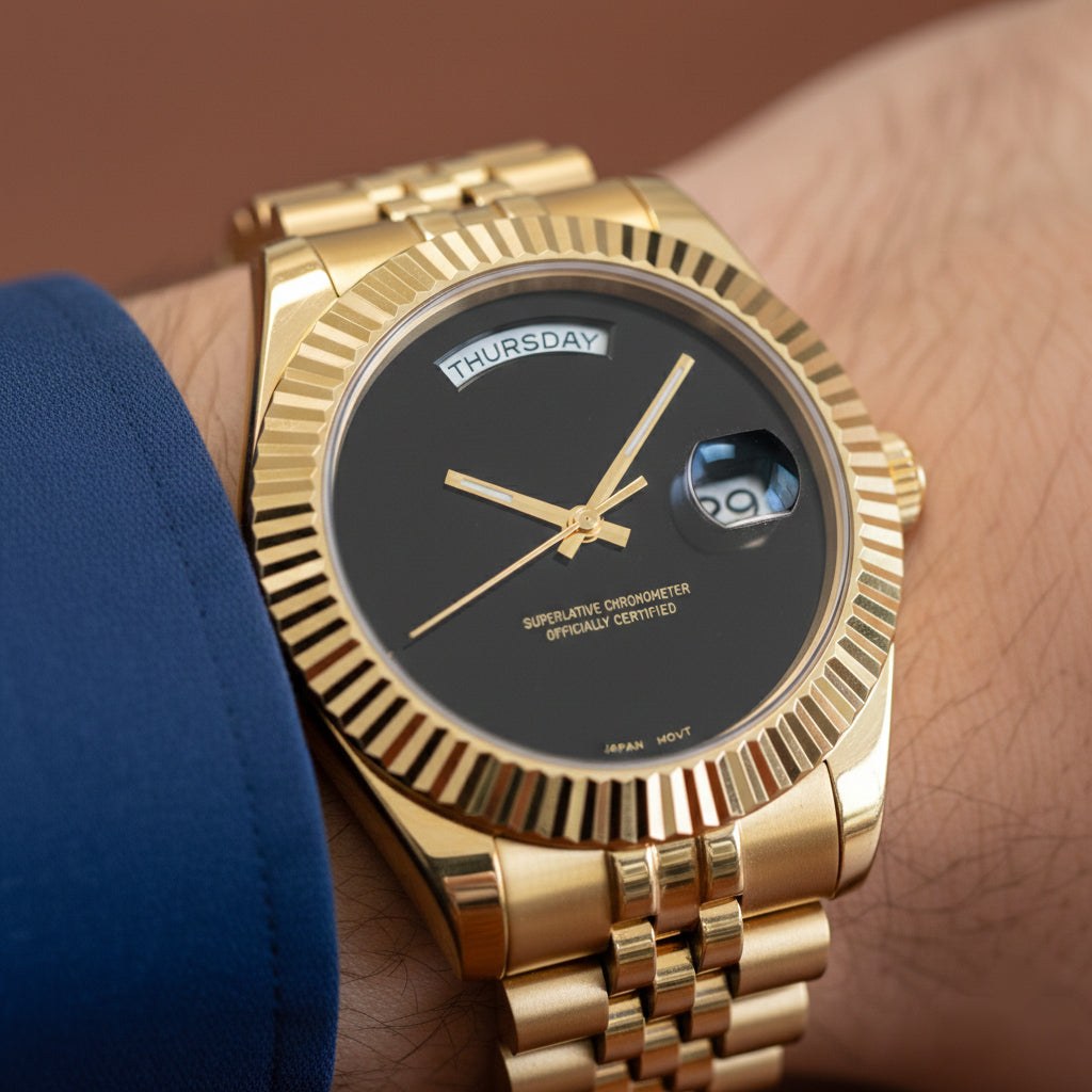 Seiko Modtime Day & Date luxury watch in black and gold with Miyota automatic movement