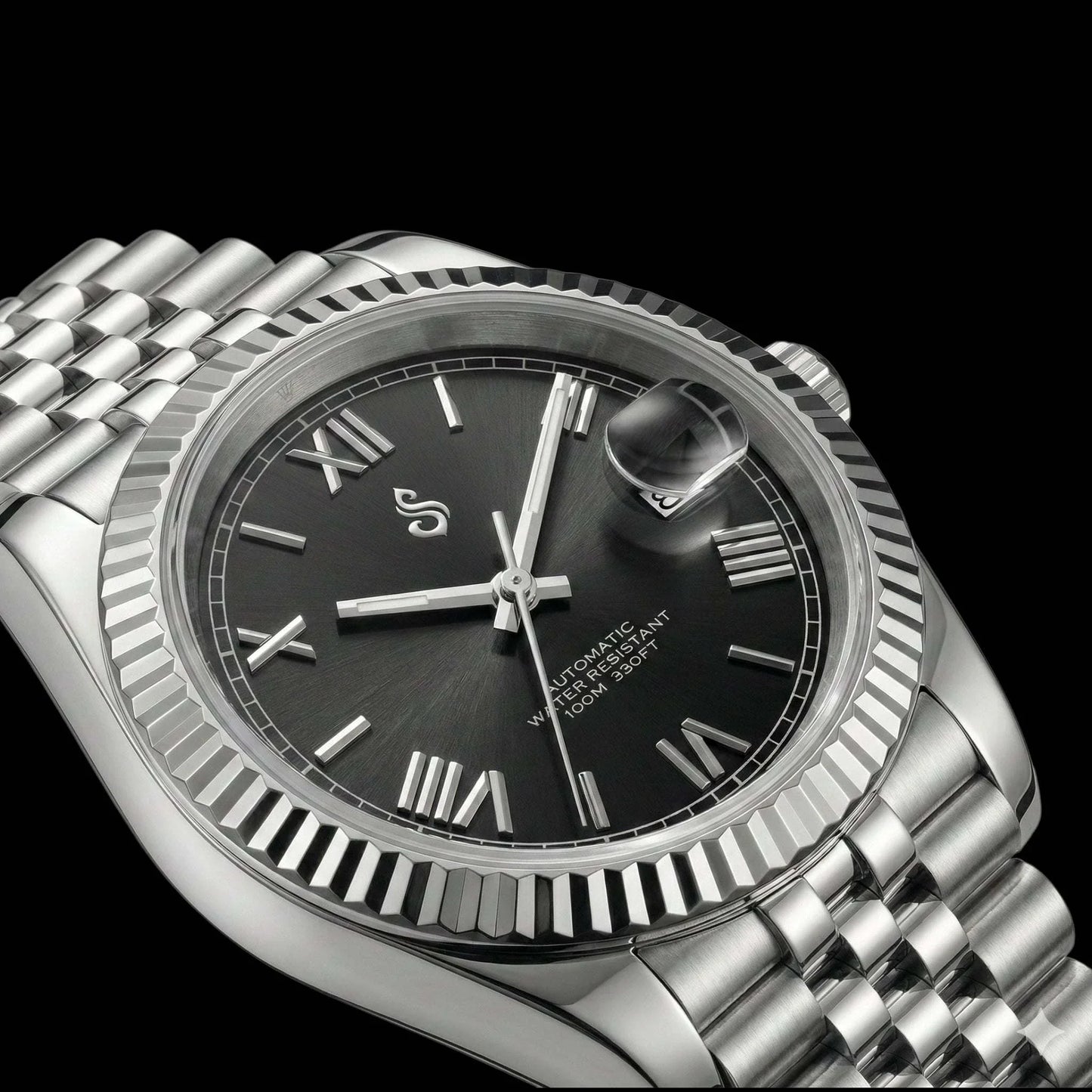 SeikJust black dial Seiko mod watch with date window and Roman numerals by Modtime Creations