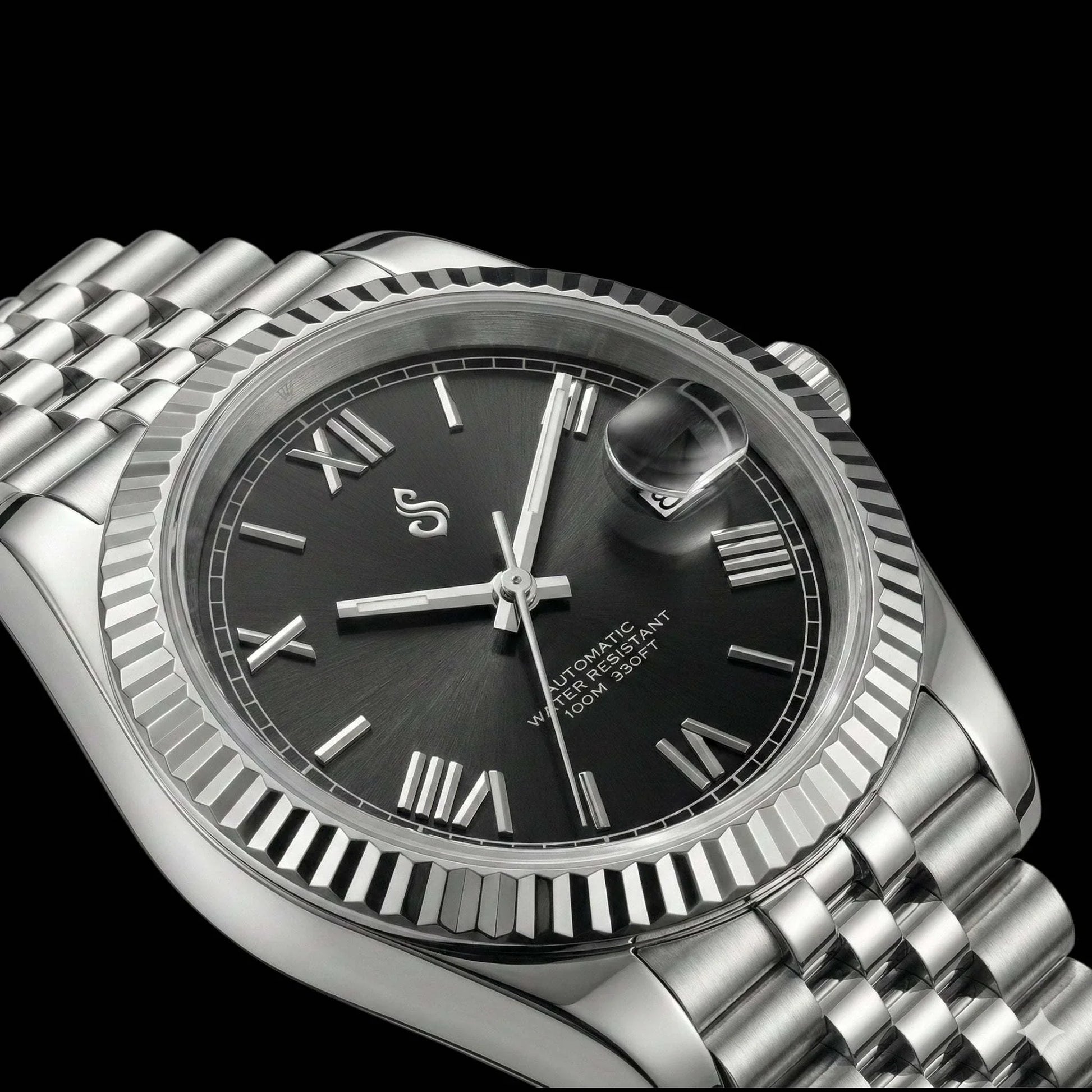 SeikJust black dial Seiko mod watch with date window and Roman numerals by Modtime Creations