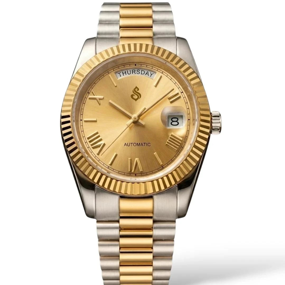 DayDate gold Roman numerals dial Seiko Mod watch by Modtime Creations with two-tone stainless steel case and Miyota 8285 automatic movement