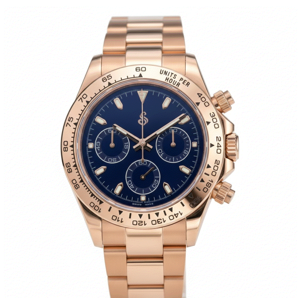 Seiko Mod Seitona rose gold watch with dark blue dial and chronograph features
