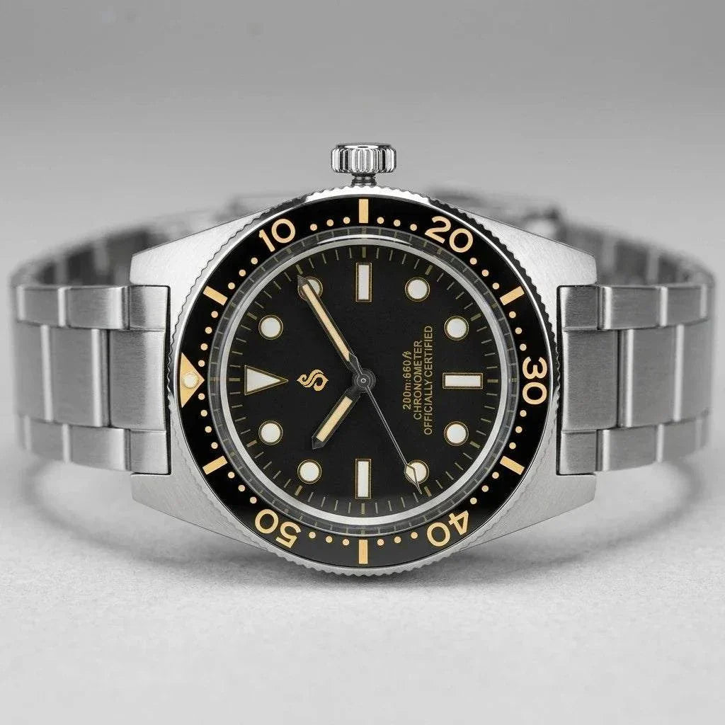 Seiko Mod Submariner Vintage 40 mm Sub Diver watch with black dial and gold accents by Modtime Creations