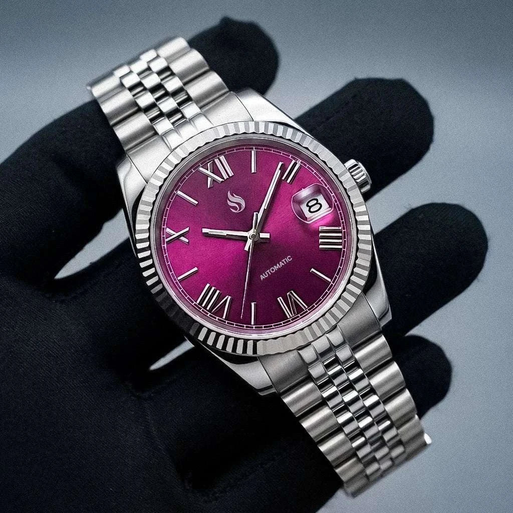Seiko mod watches datejust "Fuchsia" Purple Dial Fluted Bezel with jubilee-style bracelet at Modtime Creations 