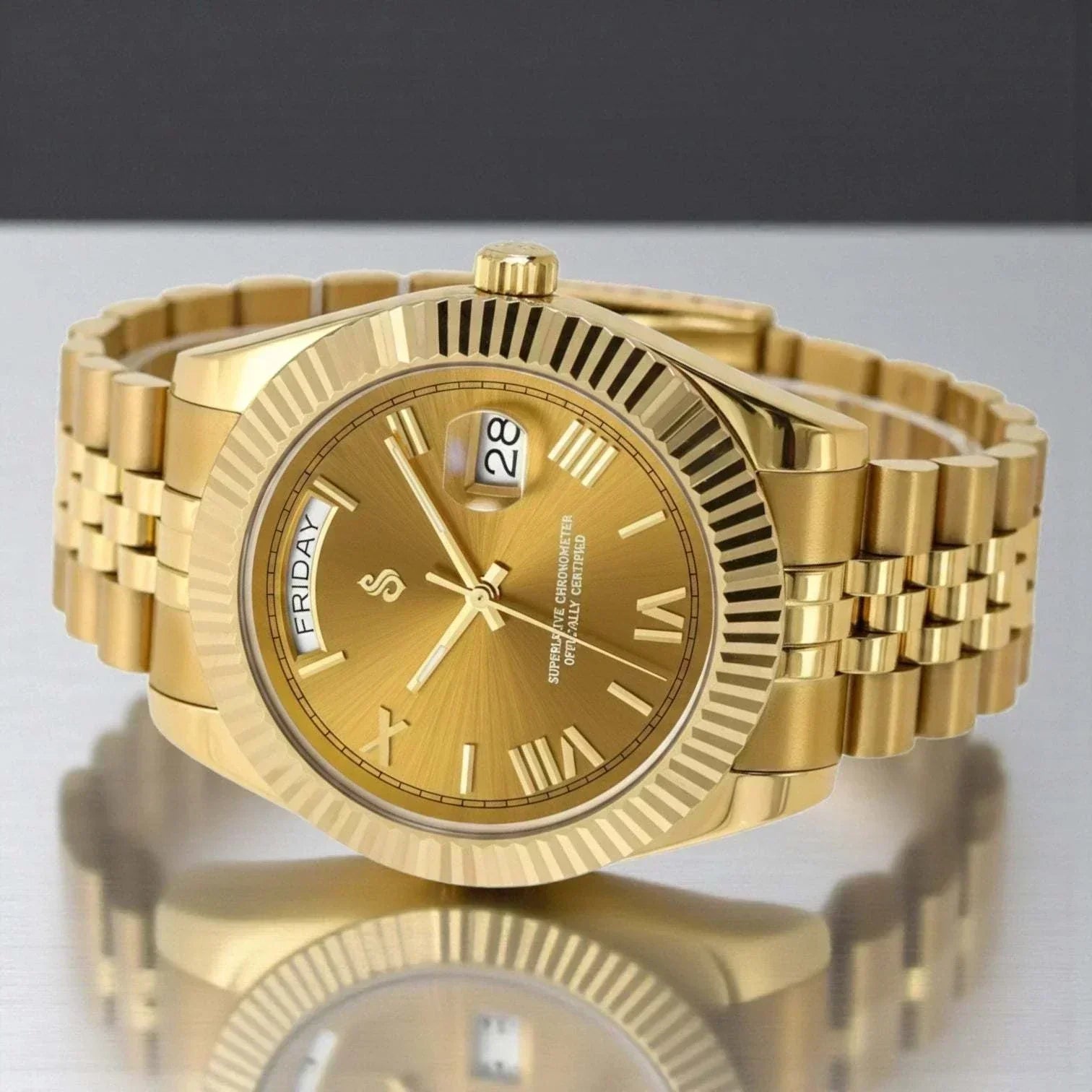 Day and Date Seiko Mod watch with gold Roman numeral dial from Modtime Creations