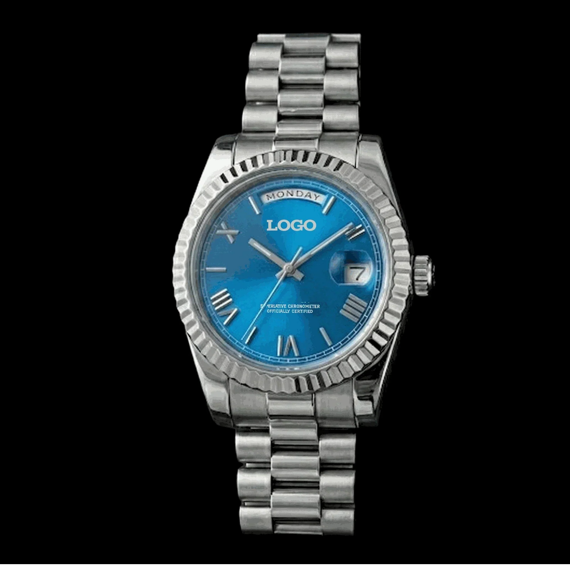 Modded Seiko luxury watch with royal blue dial and day-date display by Modtime