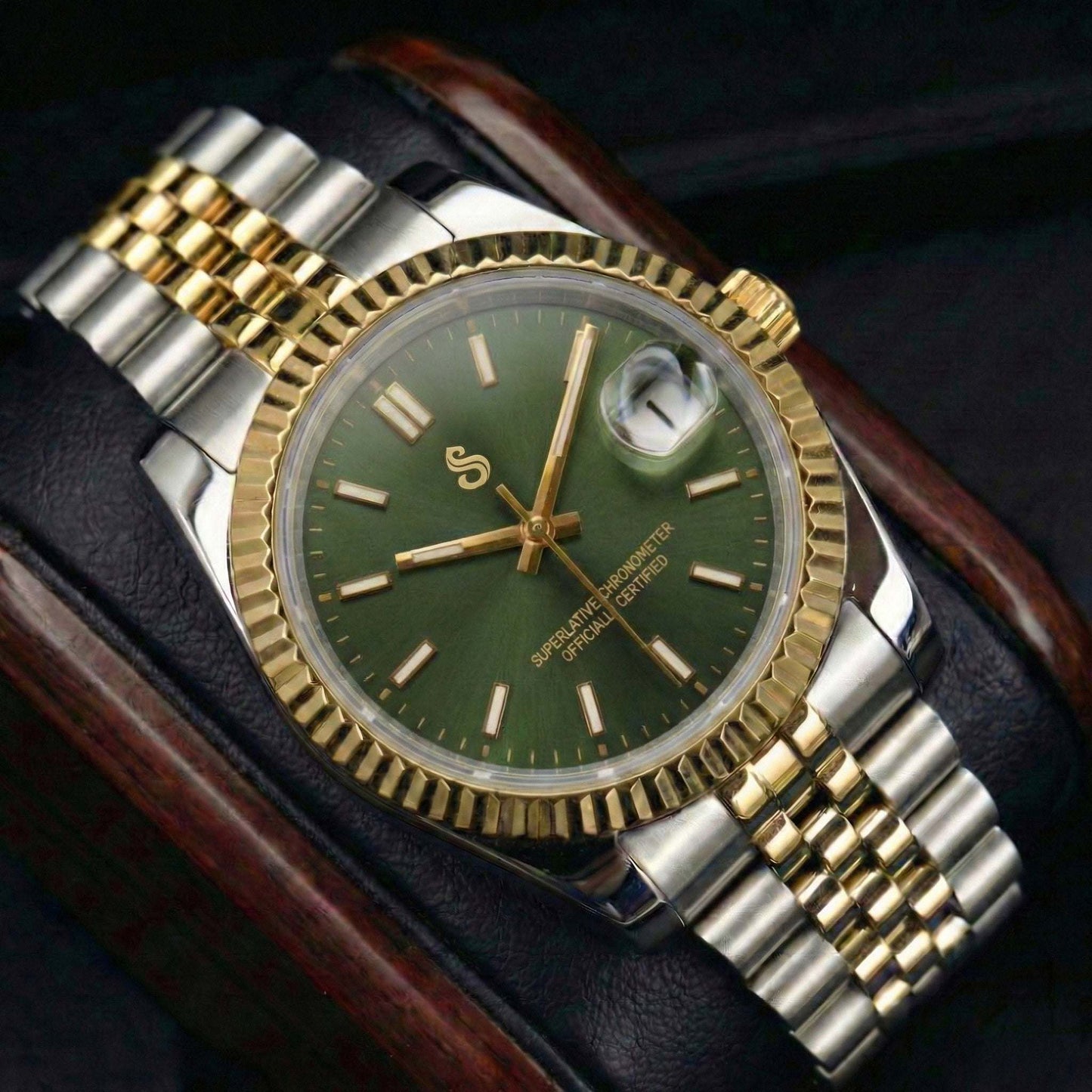 Seiko Mod olive green dial two-tone watch with NH35 automatic movement and date window by Modtime Creations