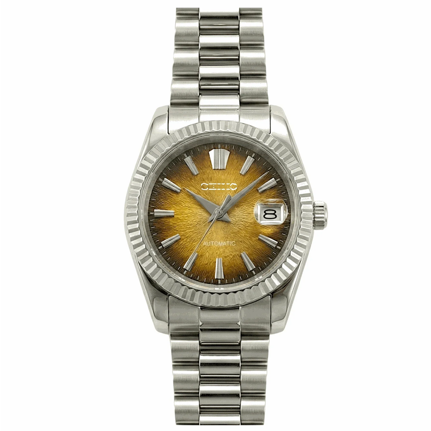 SeikJust luxury Seiko mod with textured grand gold dial and date window by Modtime Creations