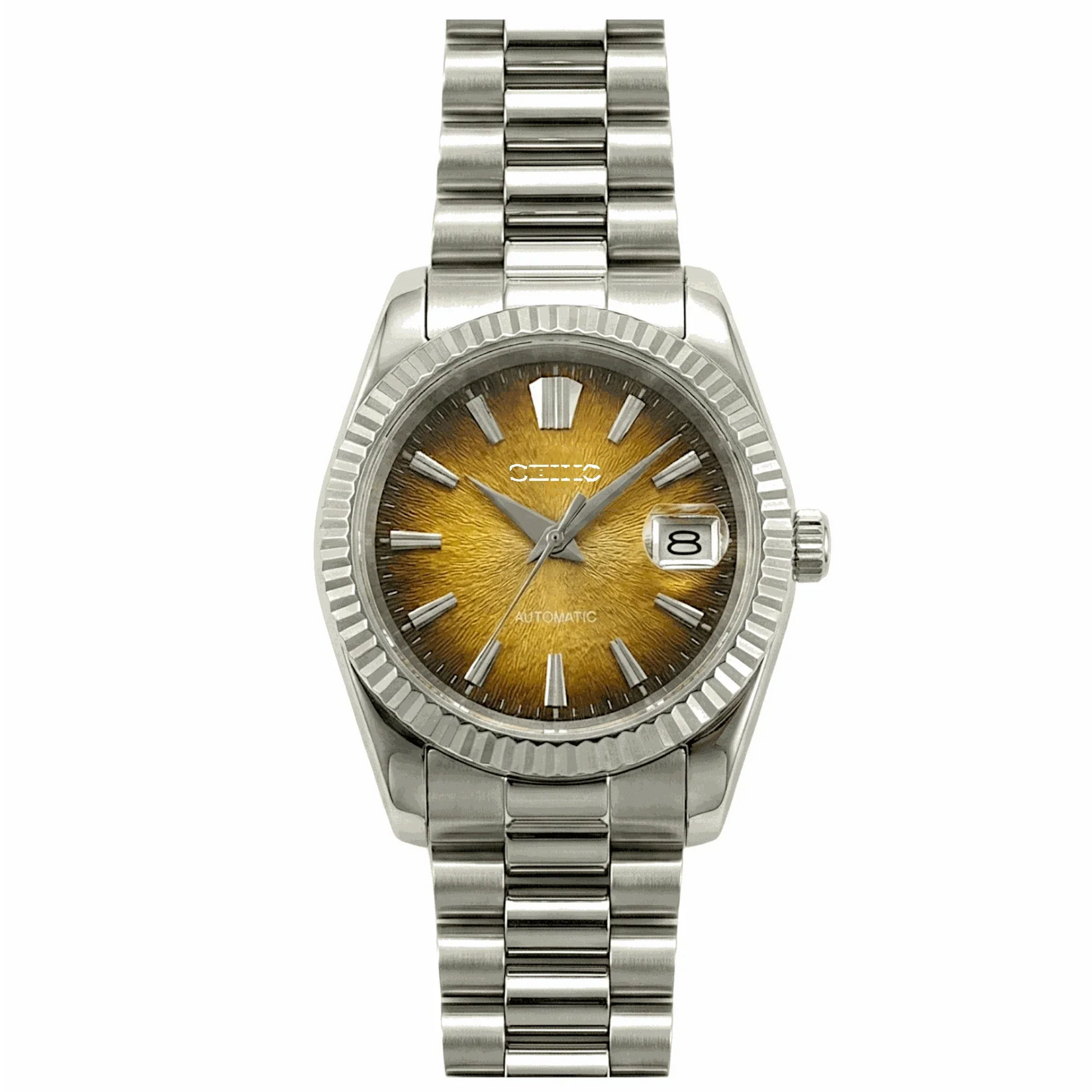 SeikJust luxury Seiko mod with textured grand gold dial and date window by Modtime Creations