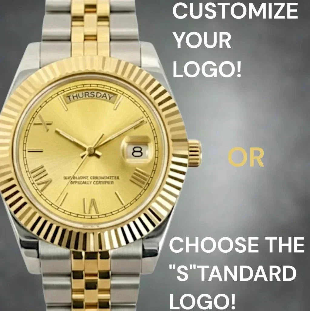 Day and date Seiko Mod watch with gold Roman numerals and two-tone stainless steel case by Modtime Creations