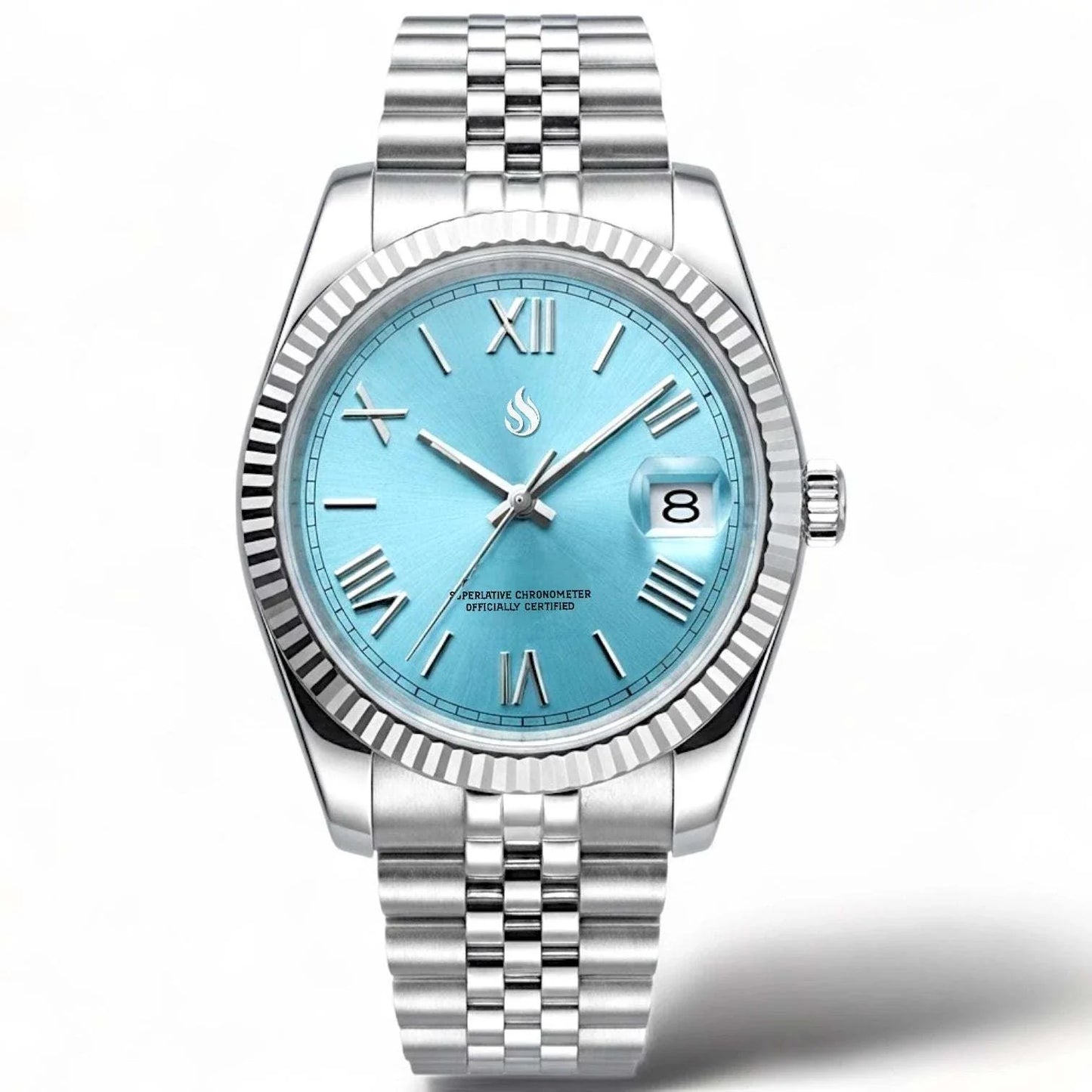 Seiko Mod Watch Datejust Tiffany Blue Dial with Roman Numeral Indices in a silver case and bracelet built by Modtime Creations 