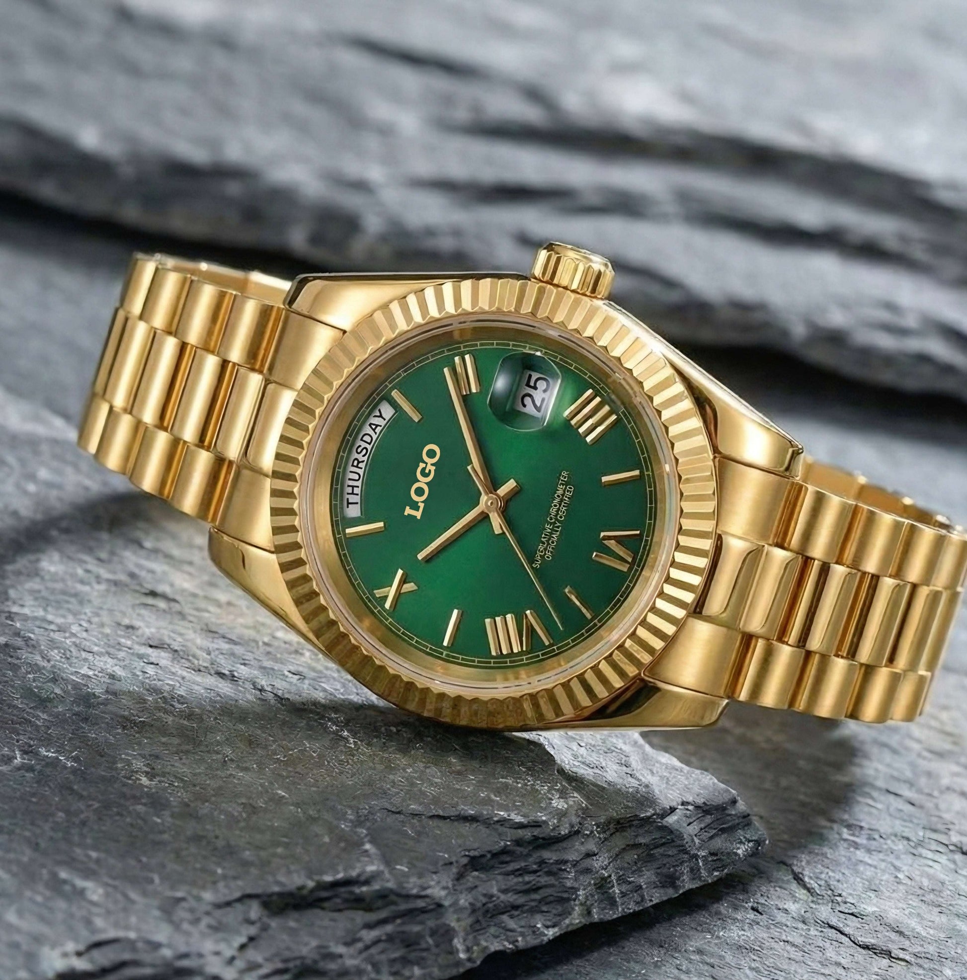 Modded Seiko watch with green numerals day and date dial by Modtime Creations