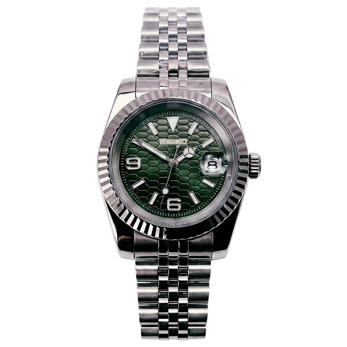 Seiko Mod silver case watch with green dial and date window by Modtime Creations