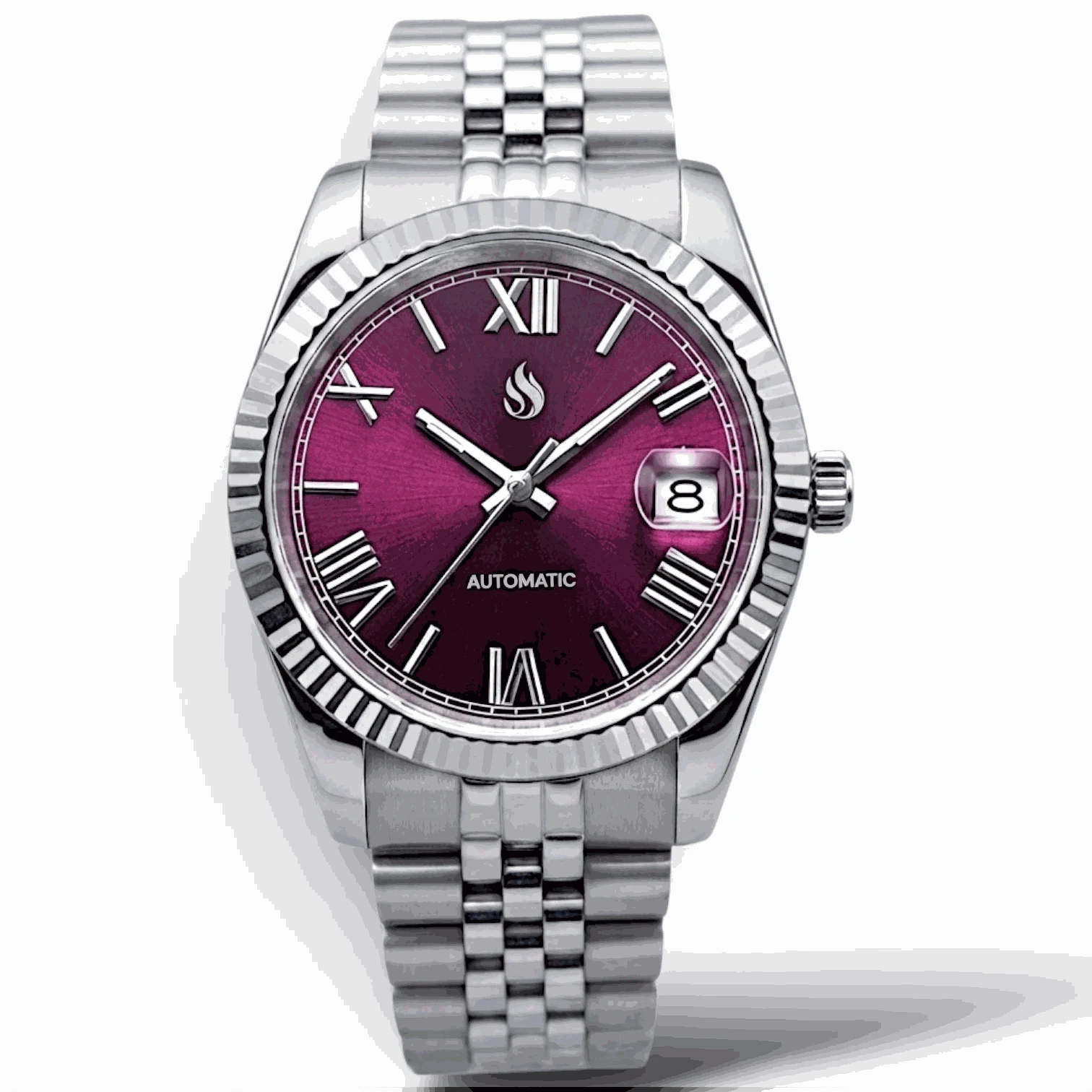 Seiko mod watches datejust "Fuchsia" Purple Dial Fluted Bezel with jubilee-style bracelet at Modtime Creations 