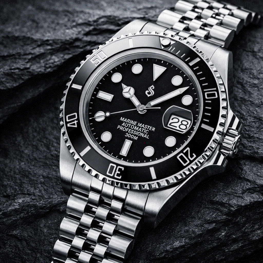 Seikmariner Midnight Black Modded Seiko diver watch with sapphire crystal and NH35 automatic movement