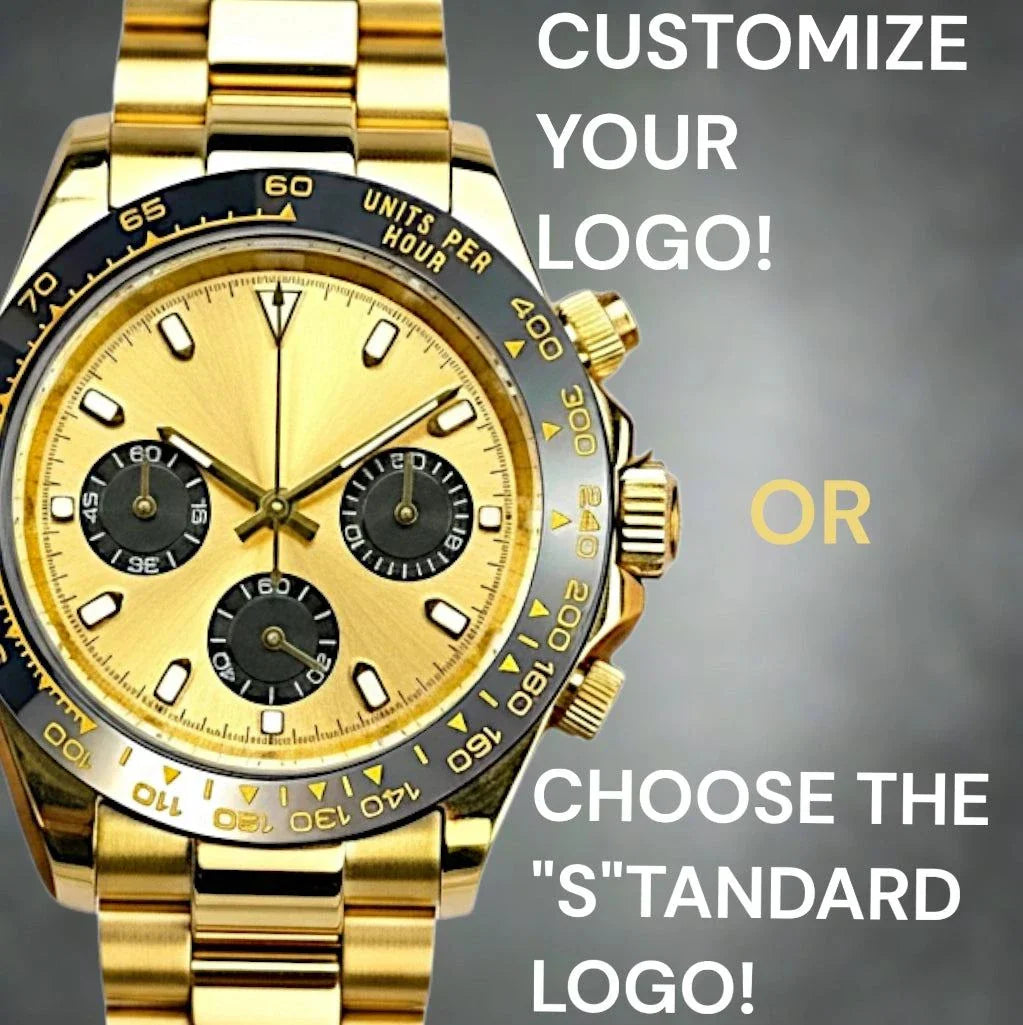Seitona Gold case Seiko Mod watch with gold black dial and chronograph features
