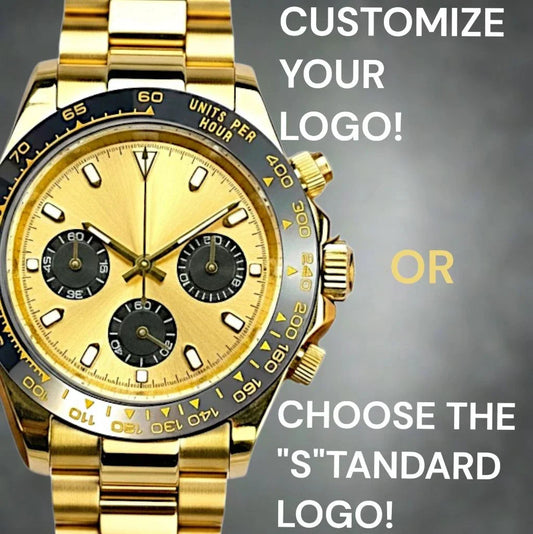 Seitona Gold case Seiko Mod watch with gold black dial and chronograph features