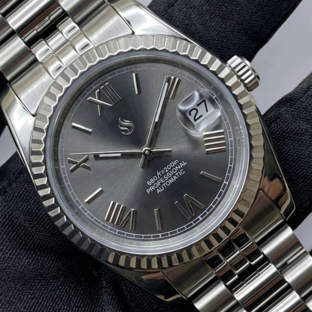 SeikJust Date Window Dark Grey Sunburst Dial Roman Numerals Mod Watch - Modtime Creations