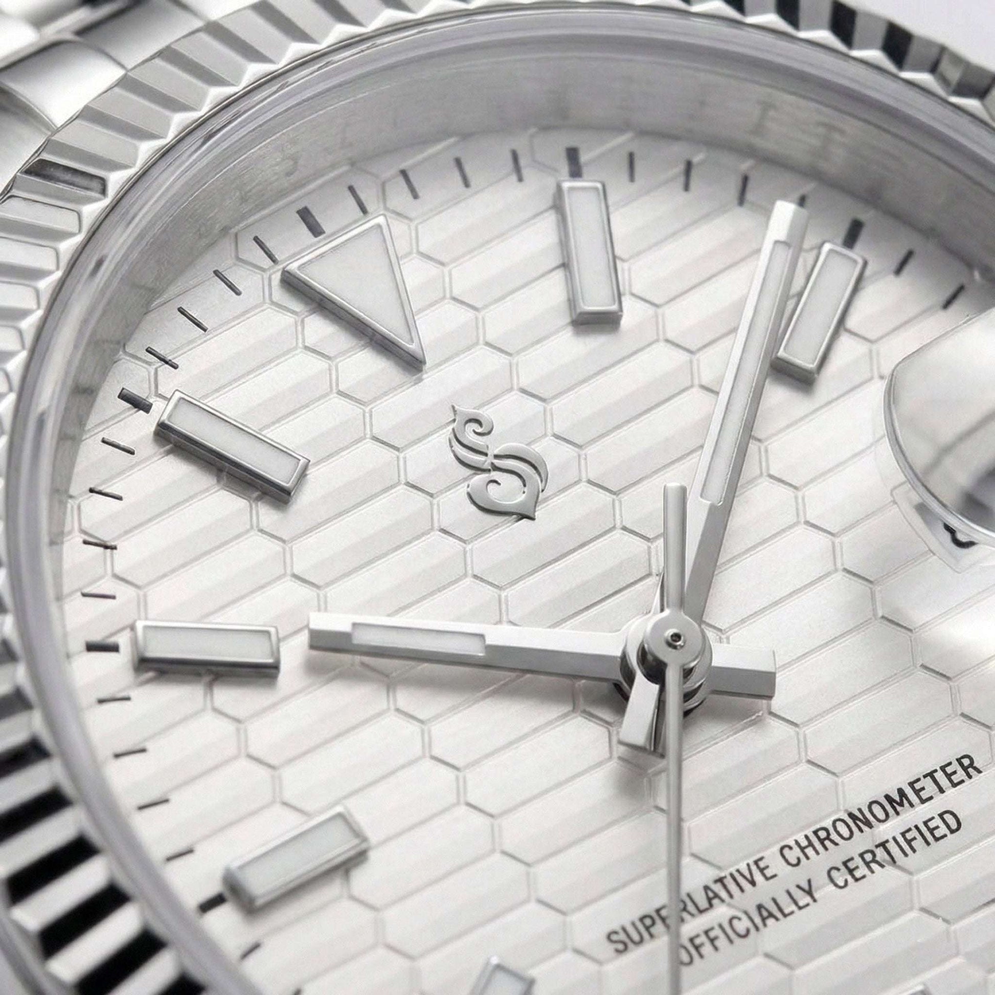 Seiko mod watch with white honeycomb dial and date window by Modtime Creations