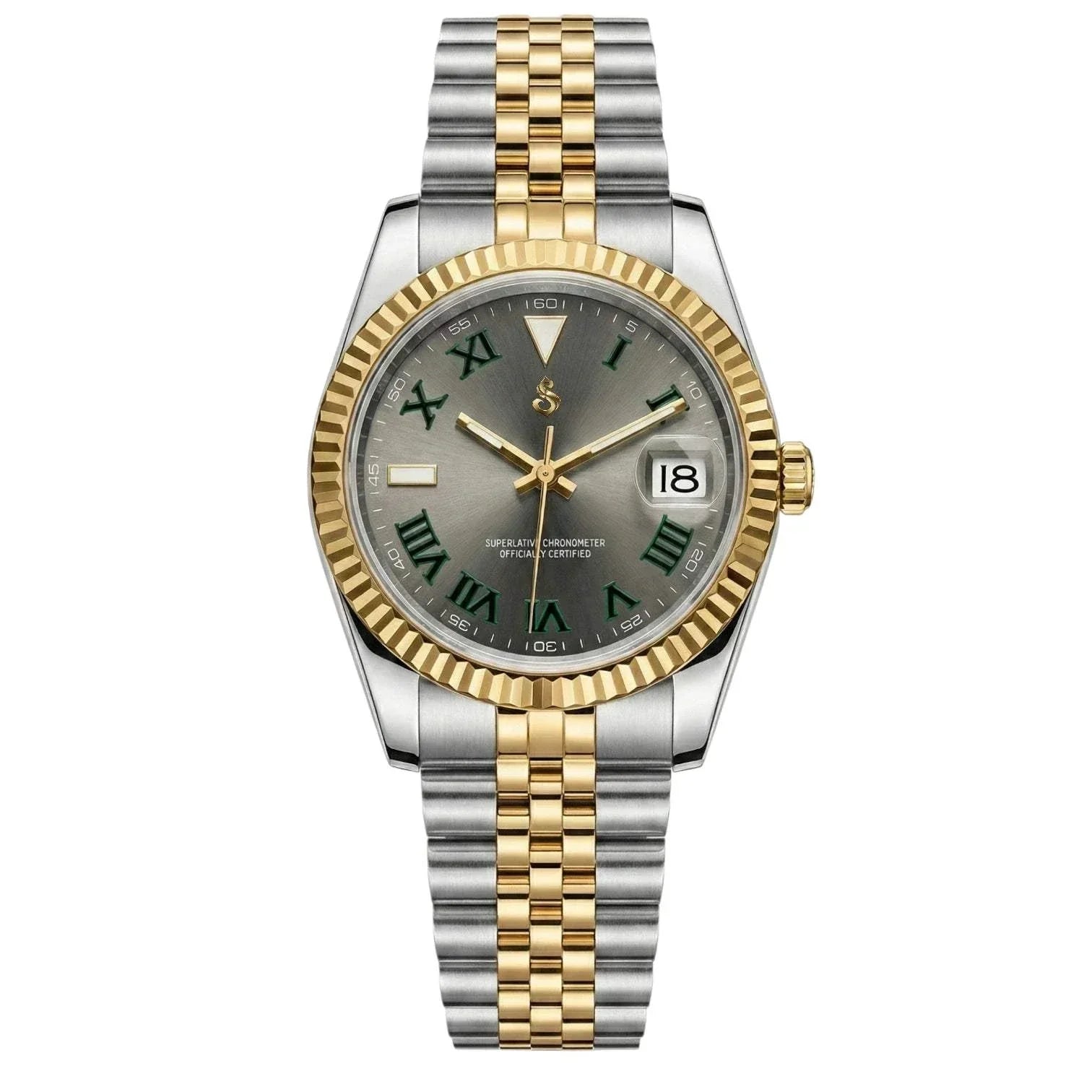 SeikJust Date Window Gold Two-Tone Mod watch by Modtime featuring Seiko Mod NH35 automatic movement and sapphire crystal