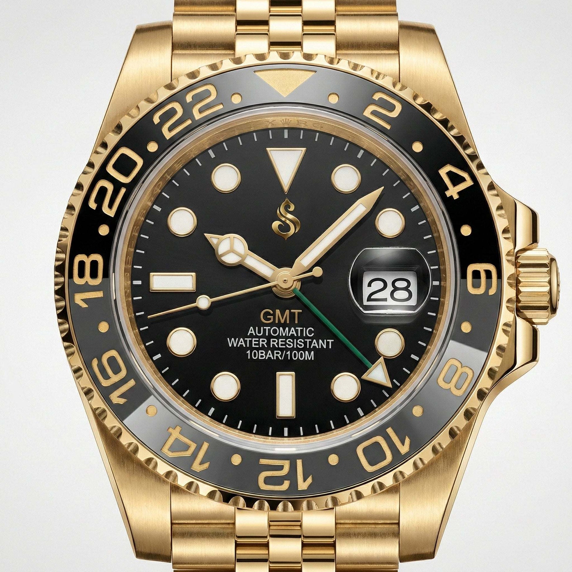 SeikMariner GMT gold black Seiko Mod luxury watch with ceramic bezel and sapphire crystal