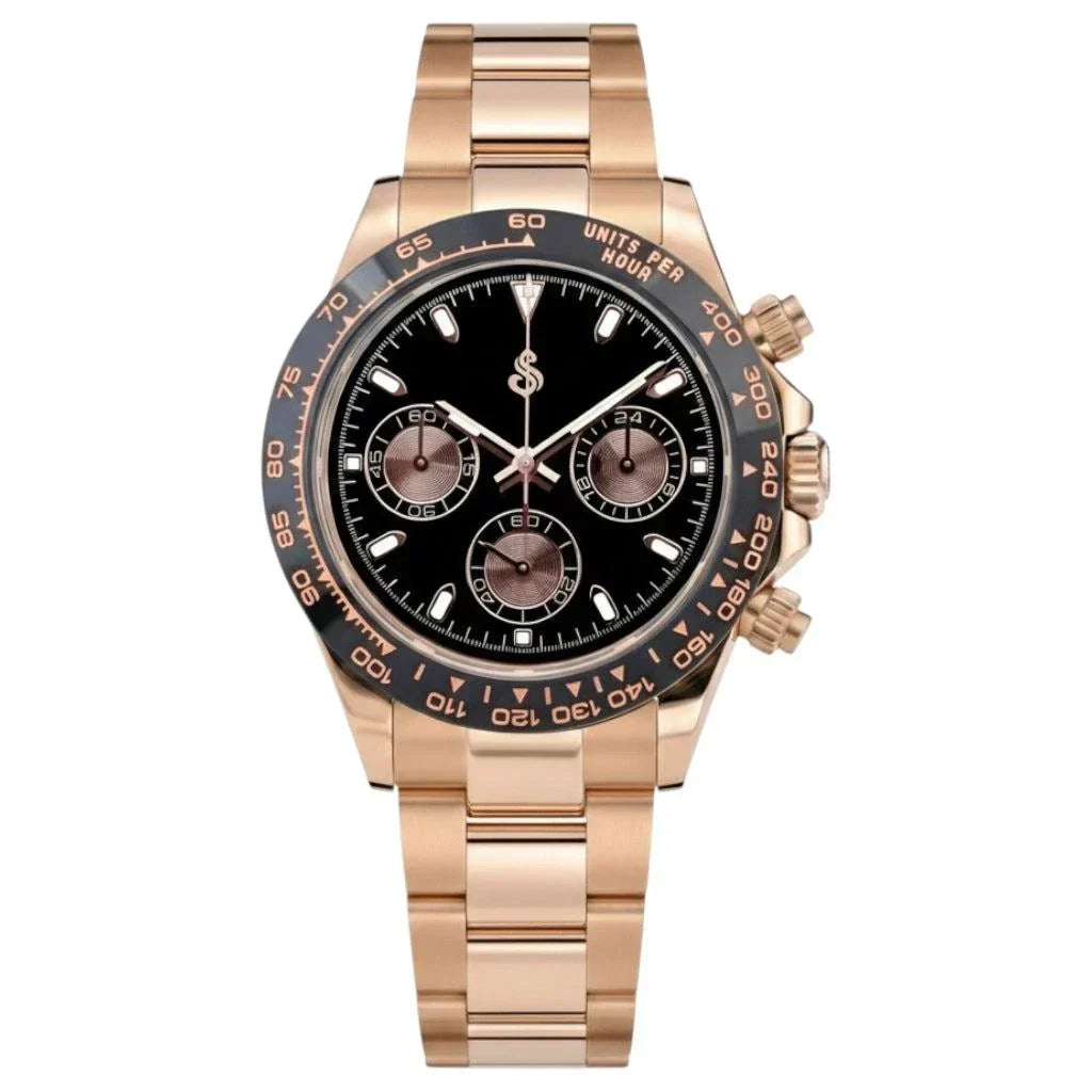 Seitona rose gold Seiko mod watch with black dial and ceramic bezel