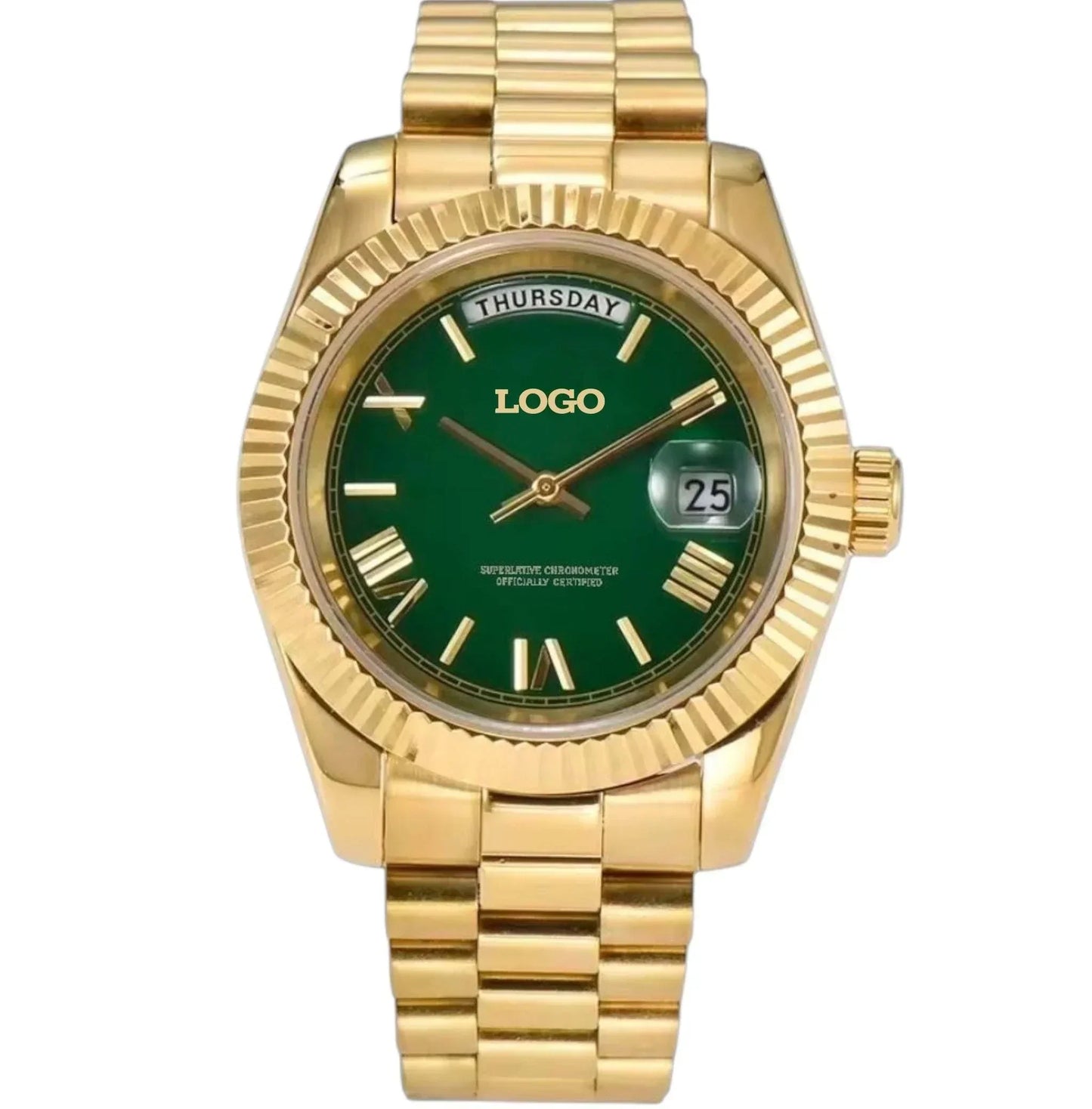 Modtime Creations luxury modded Seiko watch with green numerals day and date dial