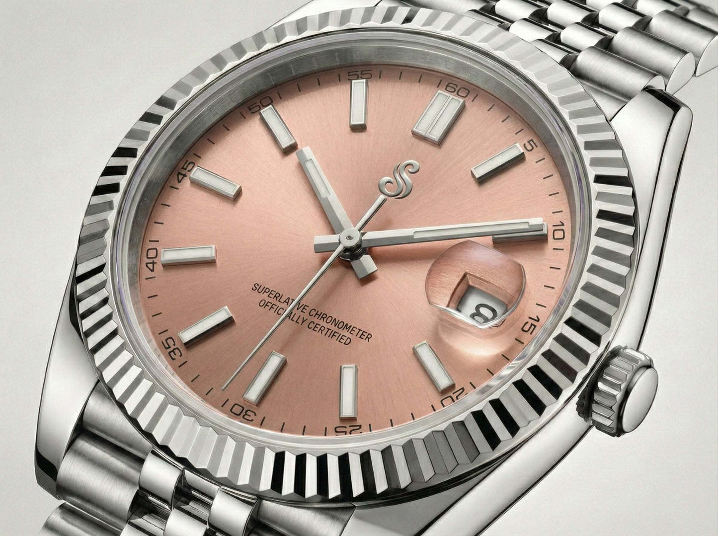 Seiko Mod luxury watch with pink salmon dial, date window, NH35 automatic movement, sapphire crystal, and stainless steel case by Modtime Creations
