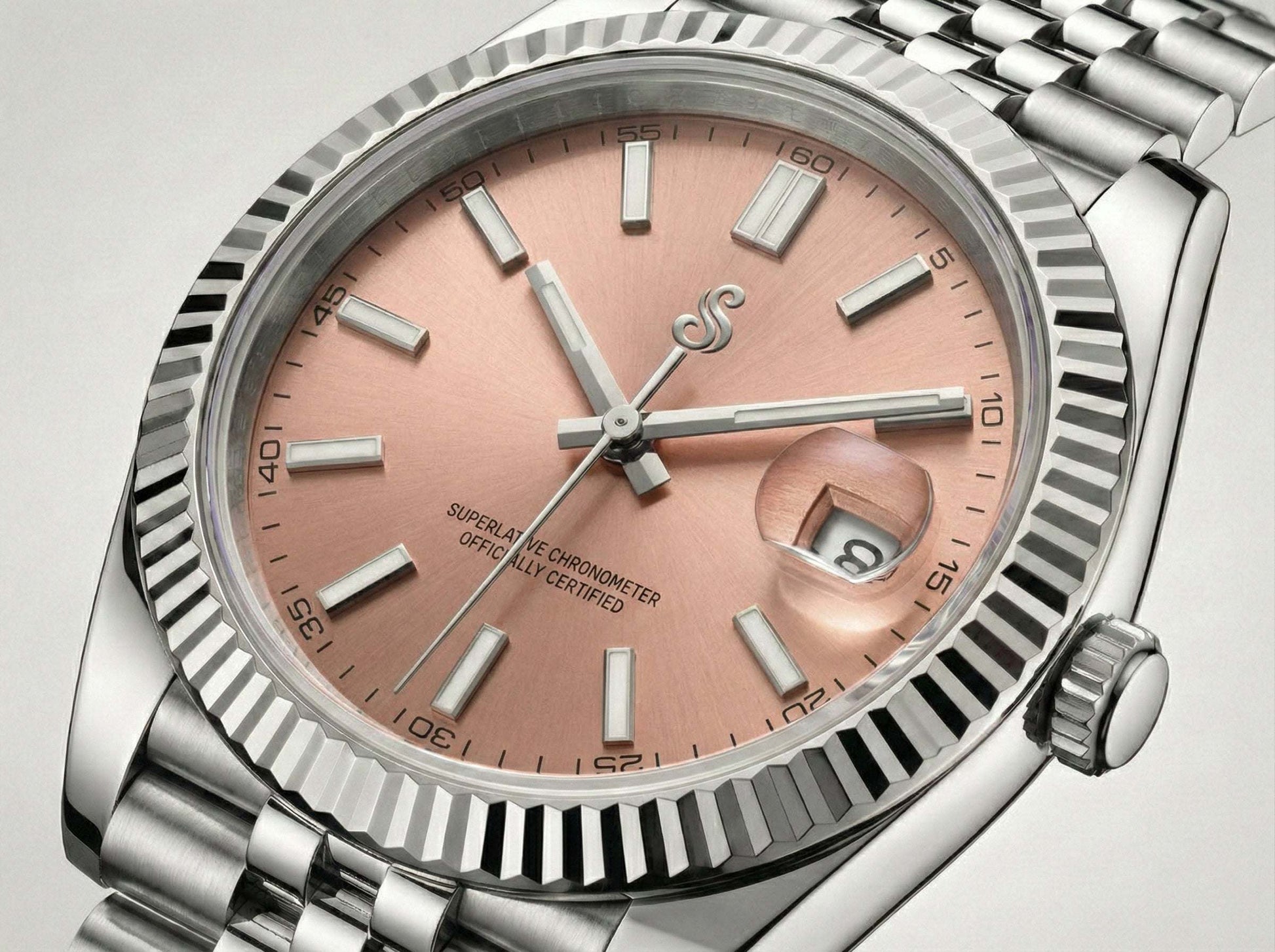 Seiko Mod luxury watch with pink salmon dial, date window, NH35 automatic movement, sapphire crystal, and stainless steel case by Modtime Creations