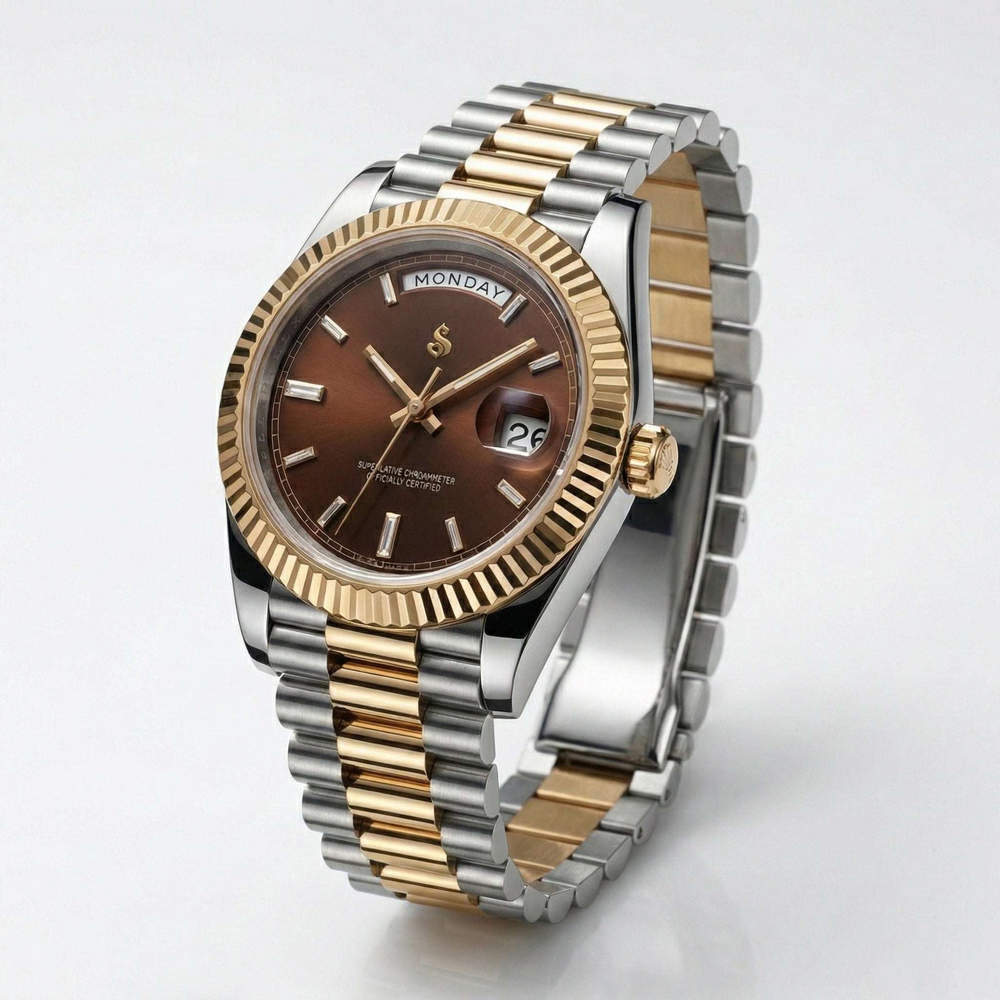 Seiko Modtime luxury watch with two-tone chocolate dial and day-date window