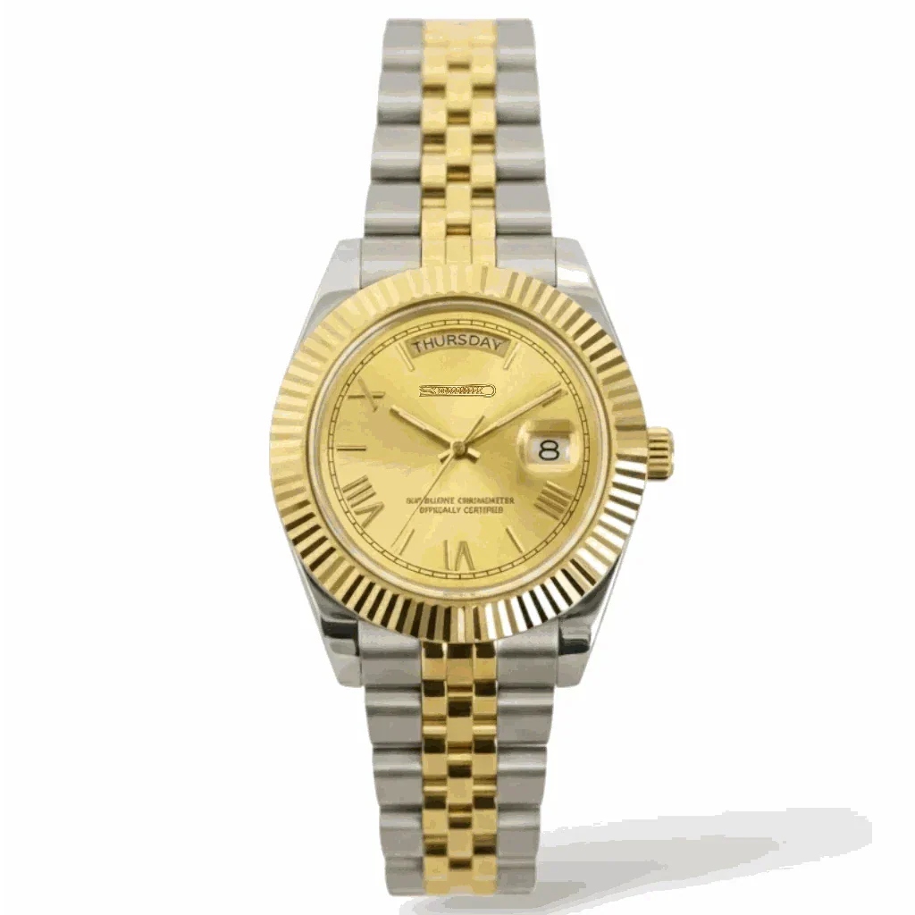 Modtime two-tone Seiko mod watch with gold Roman numeral dial and day-date display